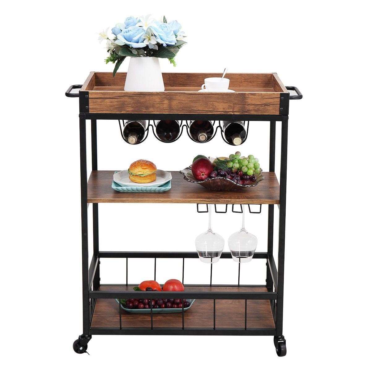 3-Tier Industrial Bar Serving Cart, Mobile Kitchen Storage Cart with Casters and Removable Tray, Wood Metal Serving Trolley for Home Dining Room, Brown and Black XH