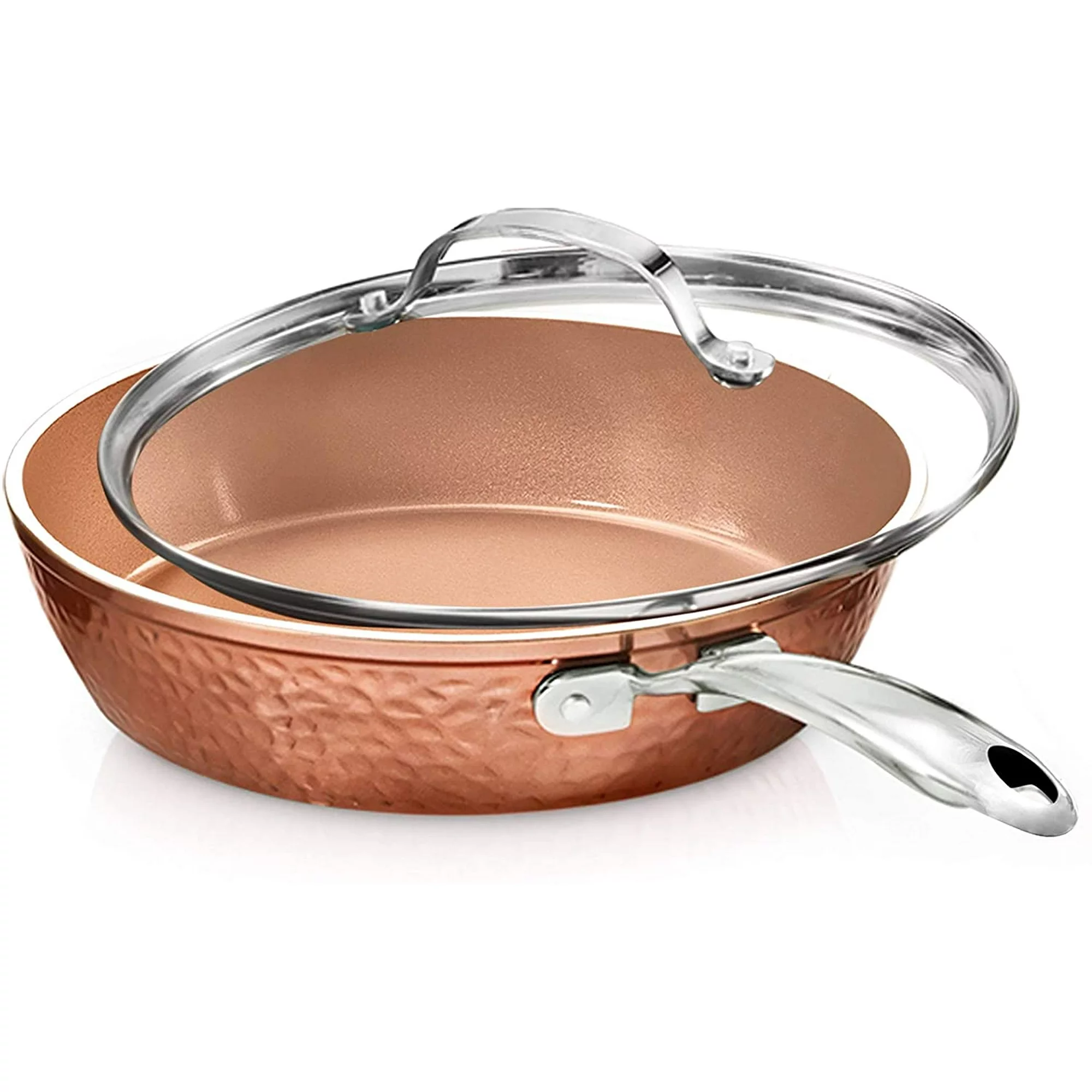 Hammered 10 inch, Copper-colored diamond-reinforced non-stick frying pan with a stainless steel handle and a transparent glass lid.