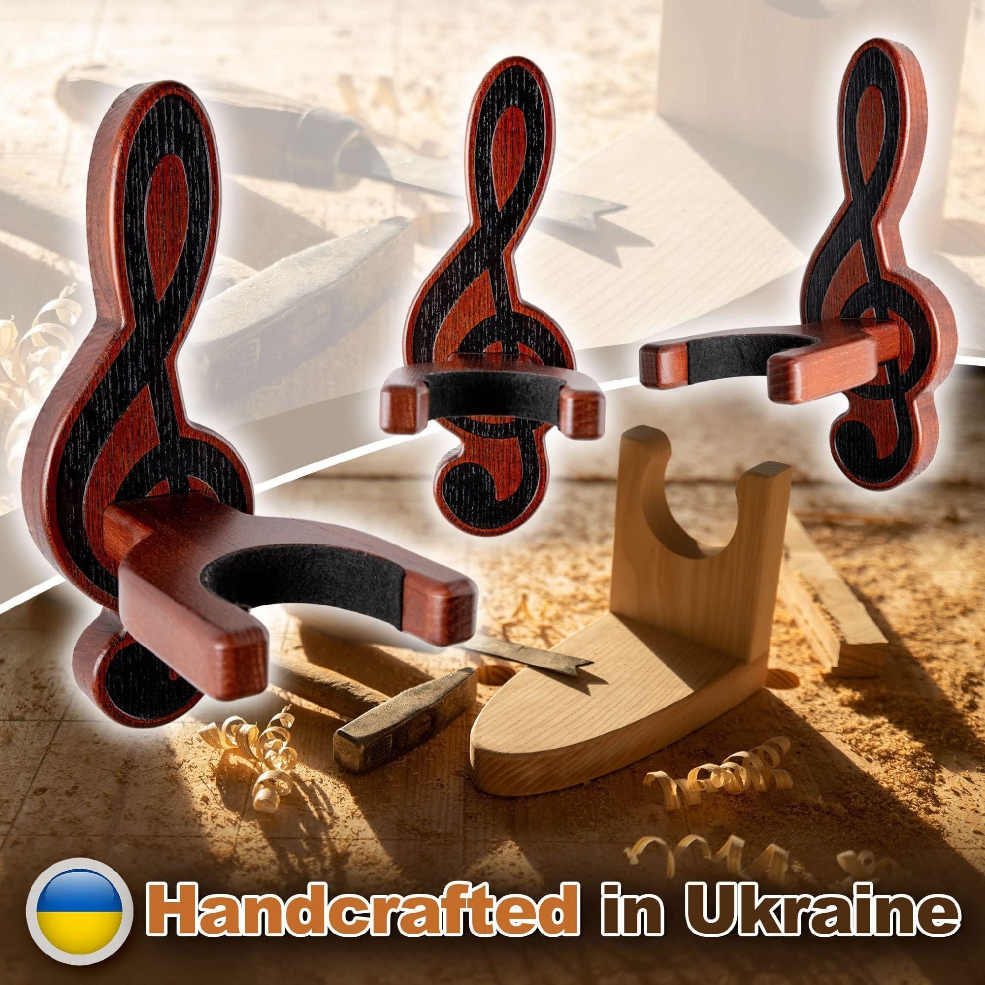 Sentence with the replaced product name: Guitar Holder Wall Mount Ash Wood Wooden Guitar Hanger Hook Stand Rack Guitar Hanger for Electric Classic Acoustic and Bass Guitar Musical Instruments Hardwood (Mahogany Musical key) with padded yoke, shown with a close-up of a guitar headstock attached to it.