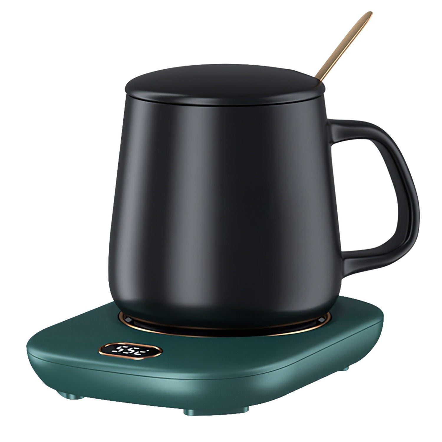 A pink Electric Coffee Mug Warmer for Desk Auto Shut off USB Tea Milk Beverage Cup 3 Temperature Setting with a digital display showing the temperature at 55 degrees Celsius and auto off feature.