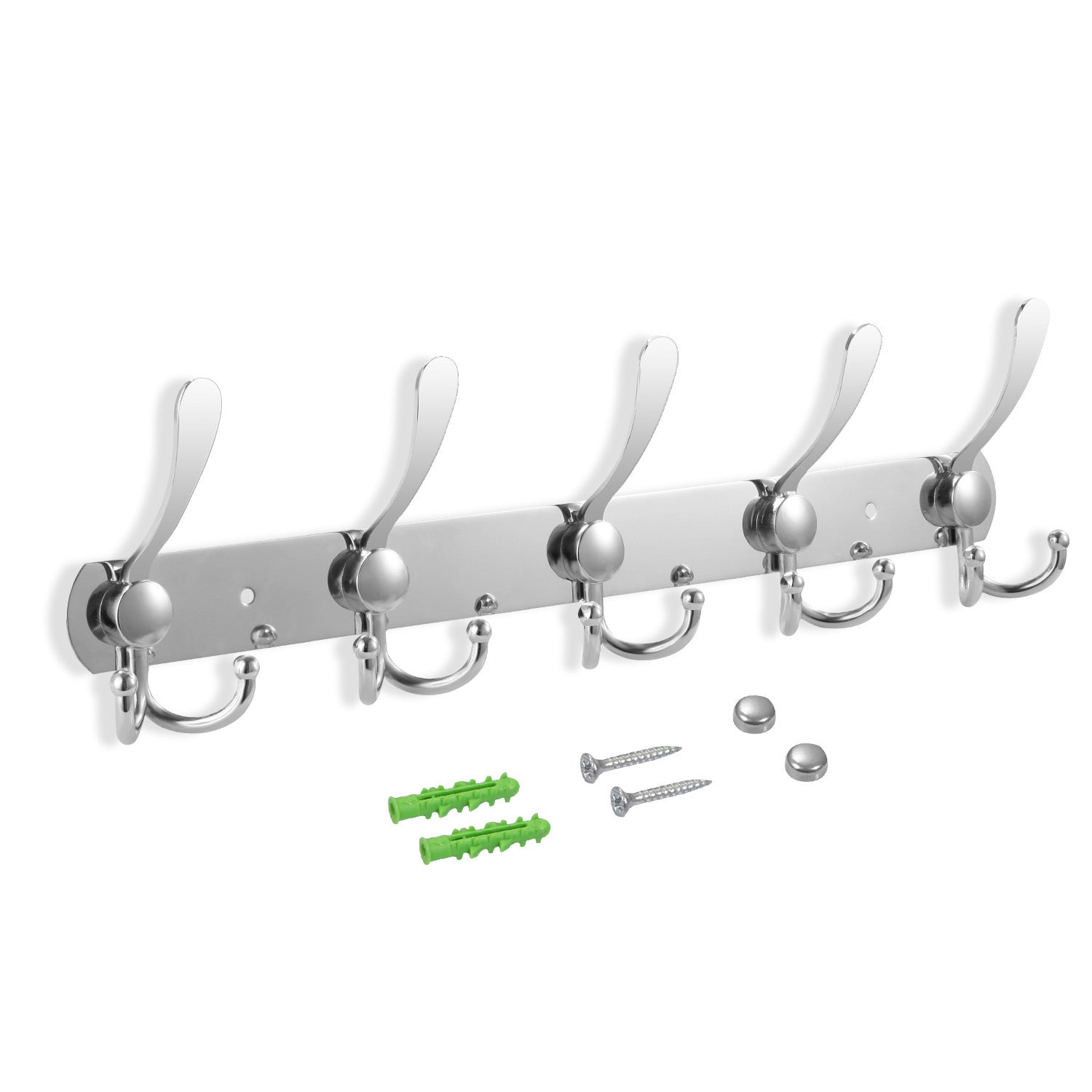 Wall Mount Coat Hook with fifteen stainless steel double hooks on a sleek, horizontal board, isolated on a white background.