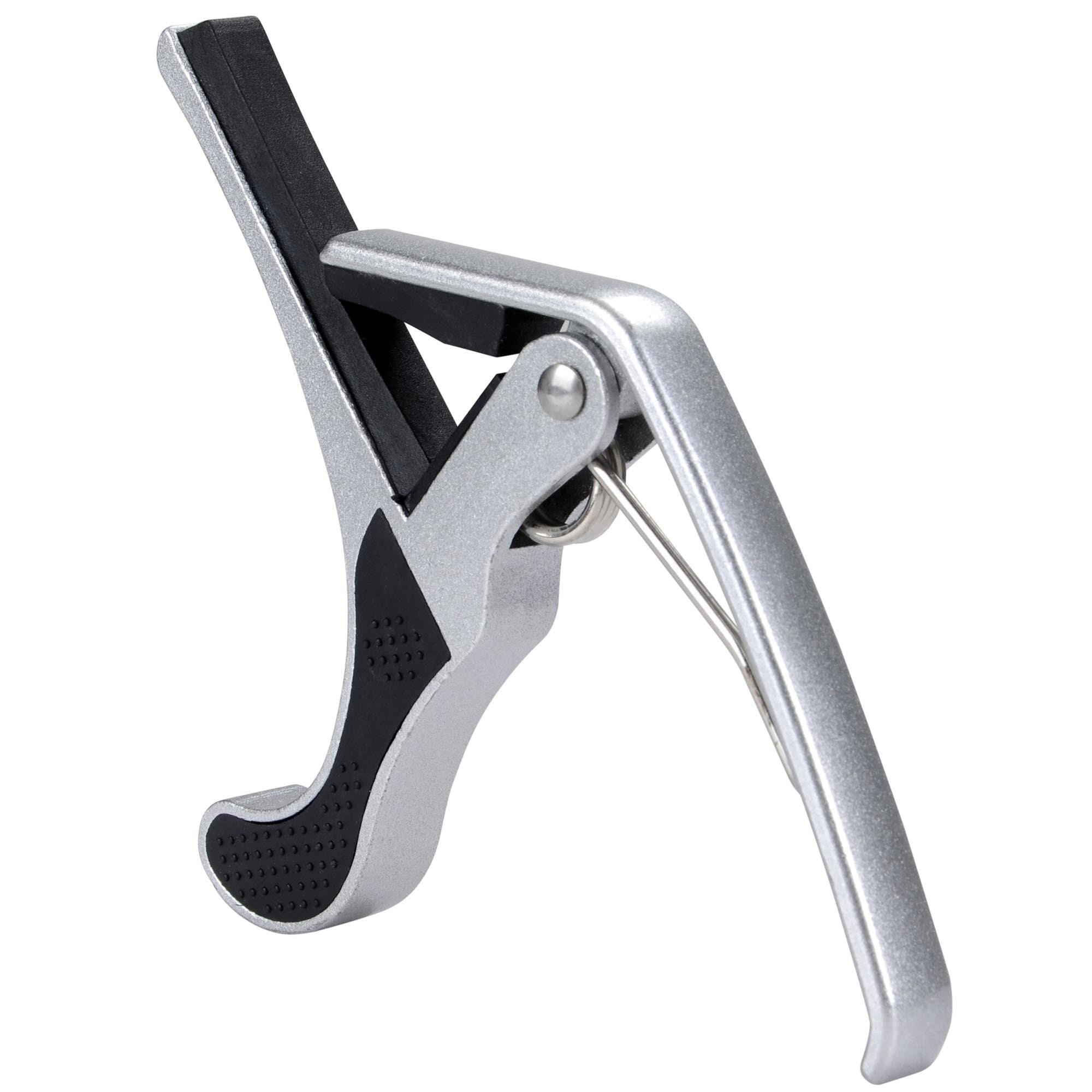 Aluminum alloy silver Guitar Capo with black rubber padding, isolated on a white background.