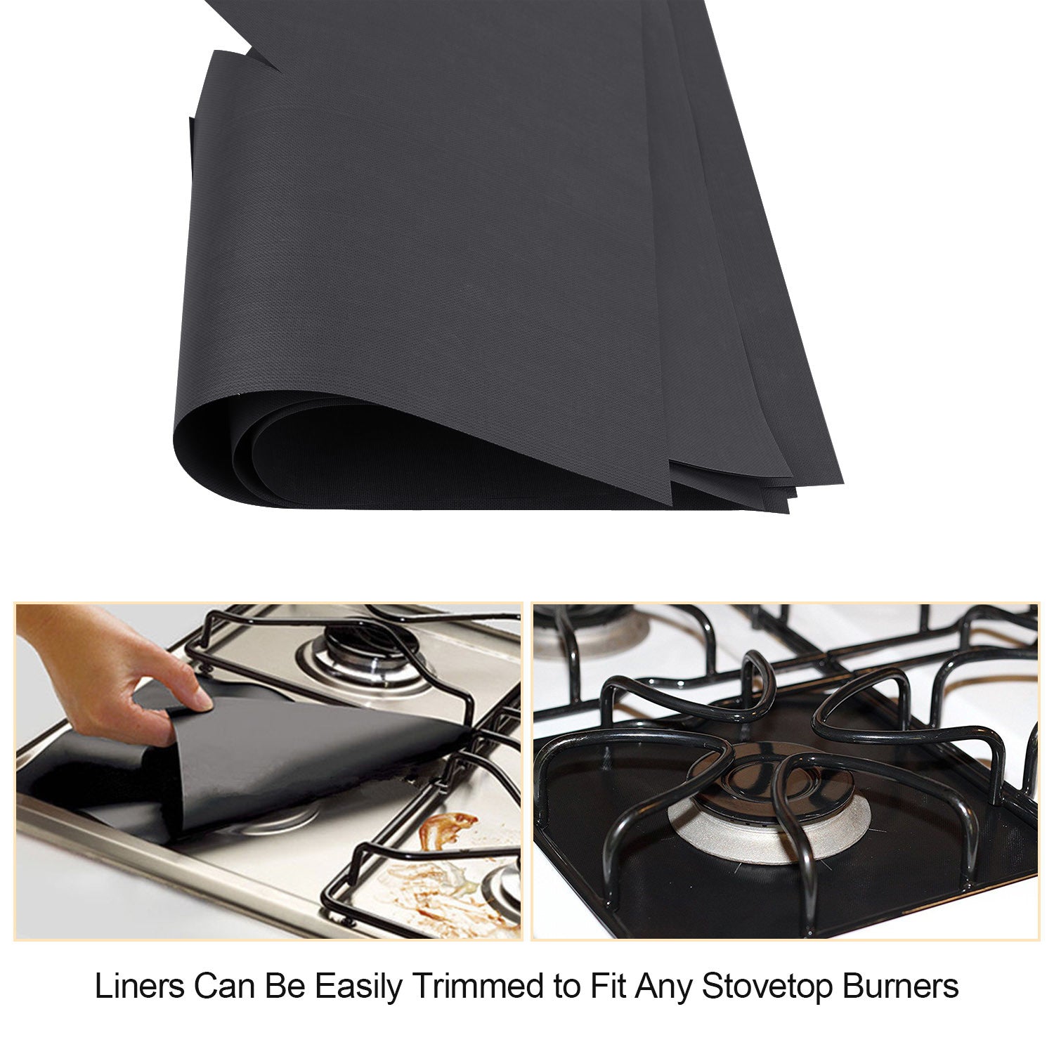 A stack of 4-Pack Reusable Nonstick Stovetop Burner Protector Liner papers with a white circle and crossing lines symbol in the center of the top sheet, treated with a PTFE coating.