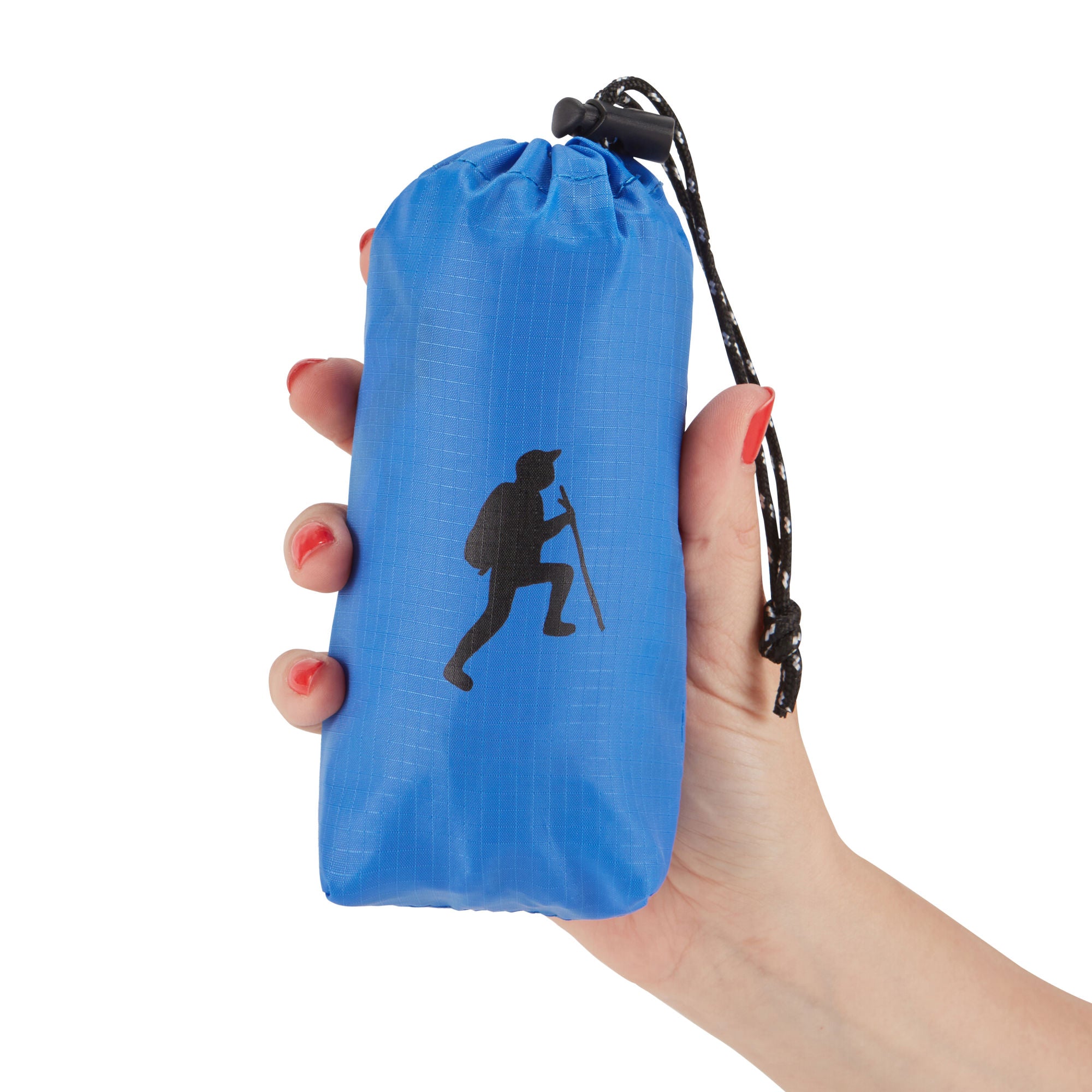 A hand holding a small, black HIKE Back- Folding Backpack with a white hiker icon printed on it, isolated against a white background.