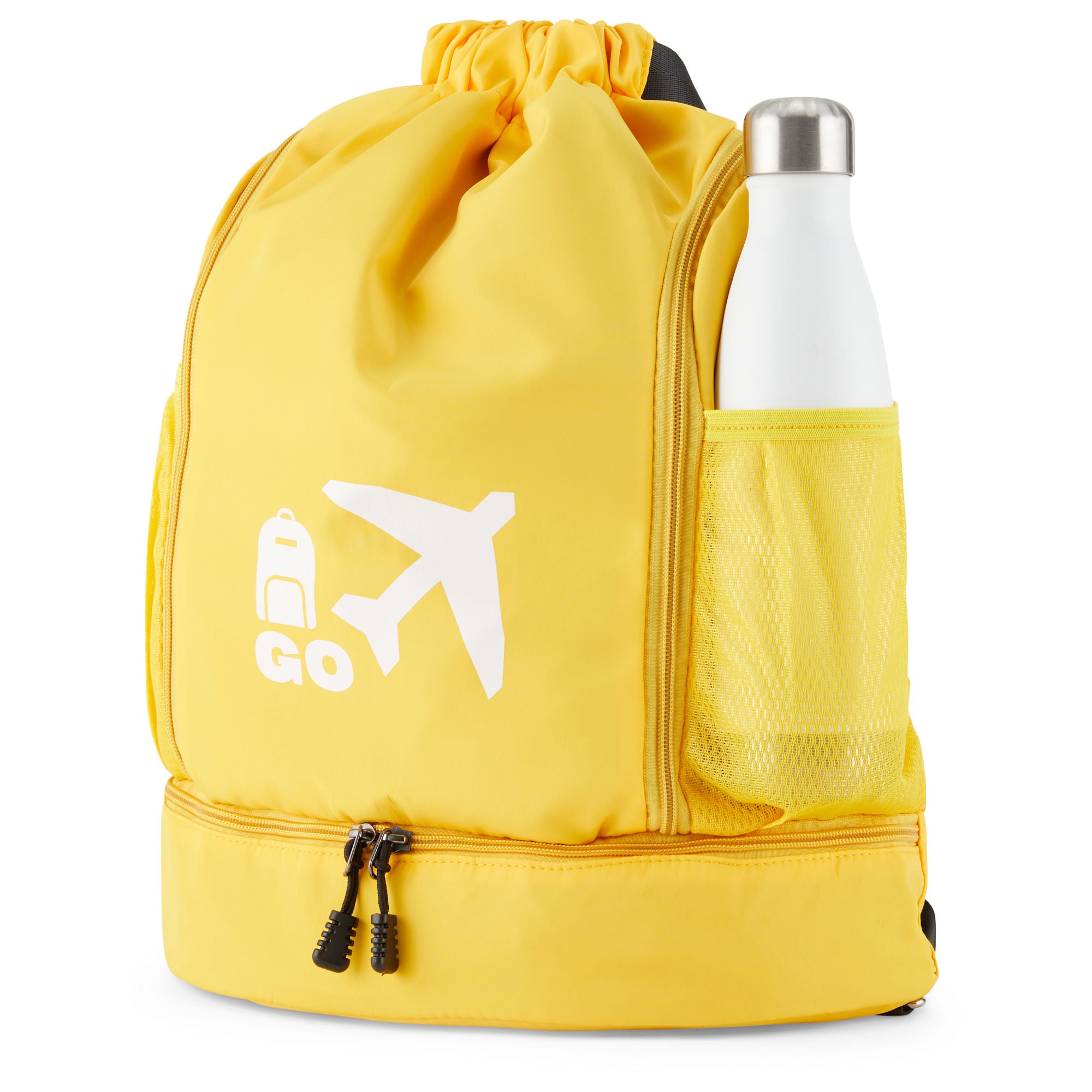 Clarissa GO Bag with a white airplane and suitcase icon, featuring an external pocket and a purple smartphone in a side holder.