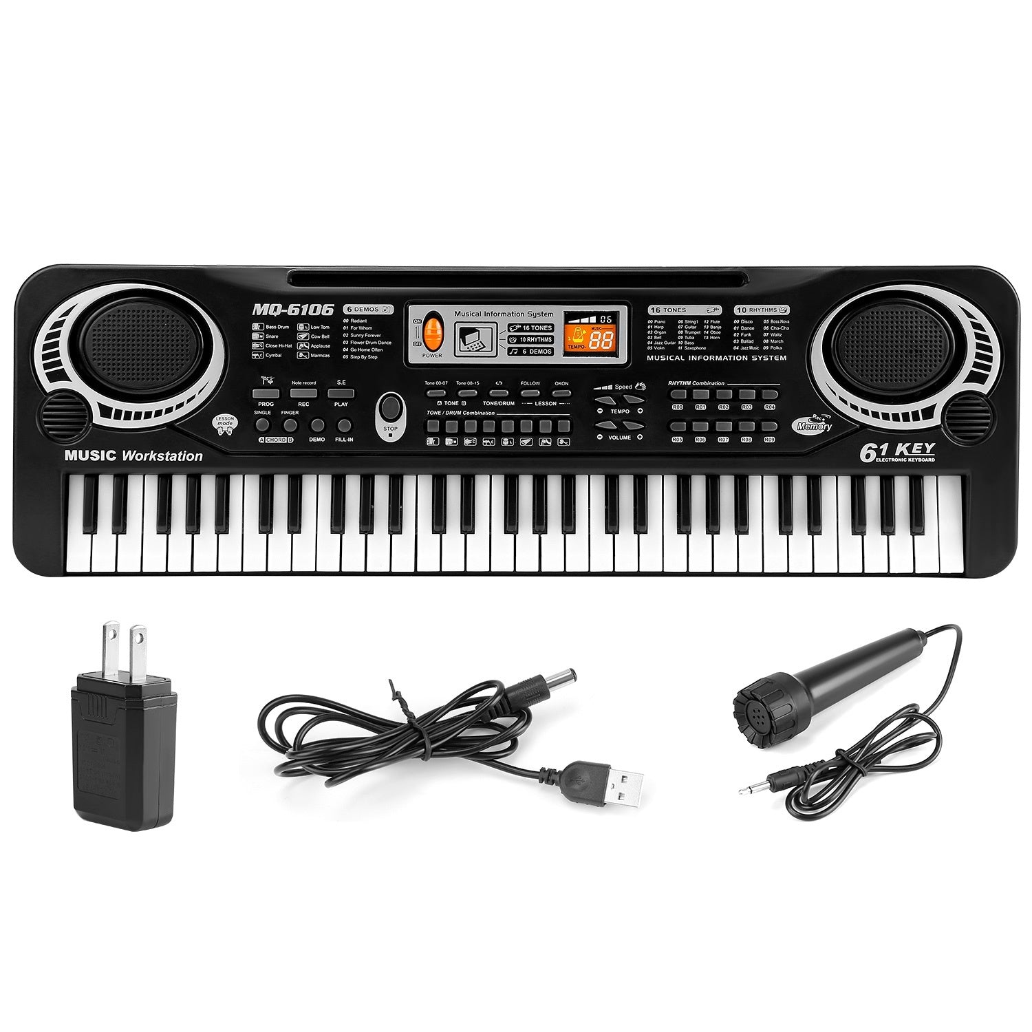 Collage of children playing musical instruments and a 61 Keys Digital Music Electronic Keyboard Electric Piano Musical Instrument Kids Learning Keyboard with features highlighted, including keys, tones, and accessories.
