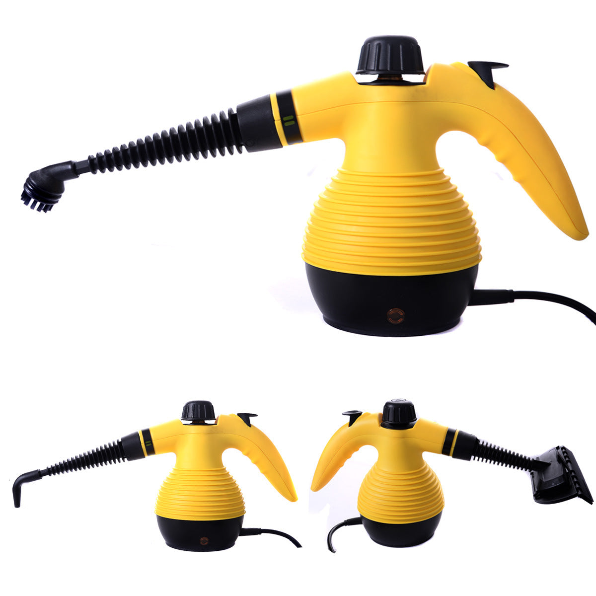 Yellow Handheld Pressurized Steam Cleaner with 9-Piece Accessory Set, Multifunctional Steam Cleaning for Car, Home, Bedroom, Chemical-Free XH being used next to a sink, with an inset image displaying its various attachments and storage bag.