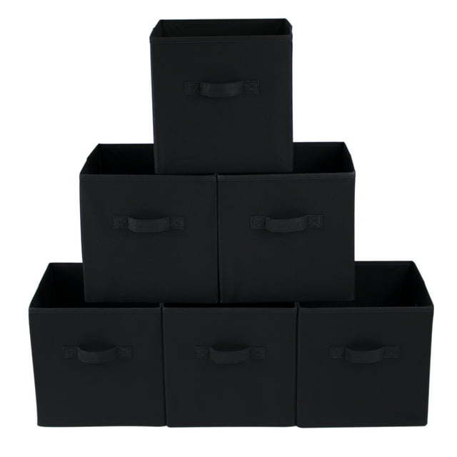 Five black Collapsible Cube Fabric Storage Bins (10.5" x 10.5"), 6 Pack with handles, stacked in a pyramid arrangement on a white background.