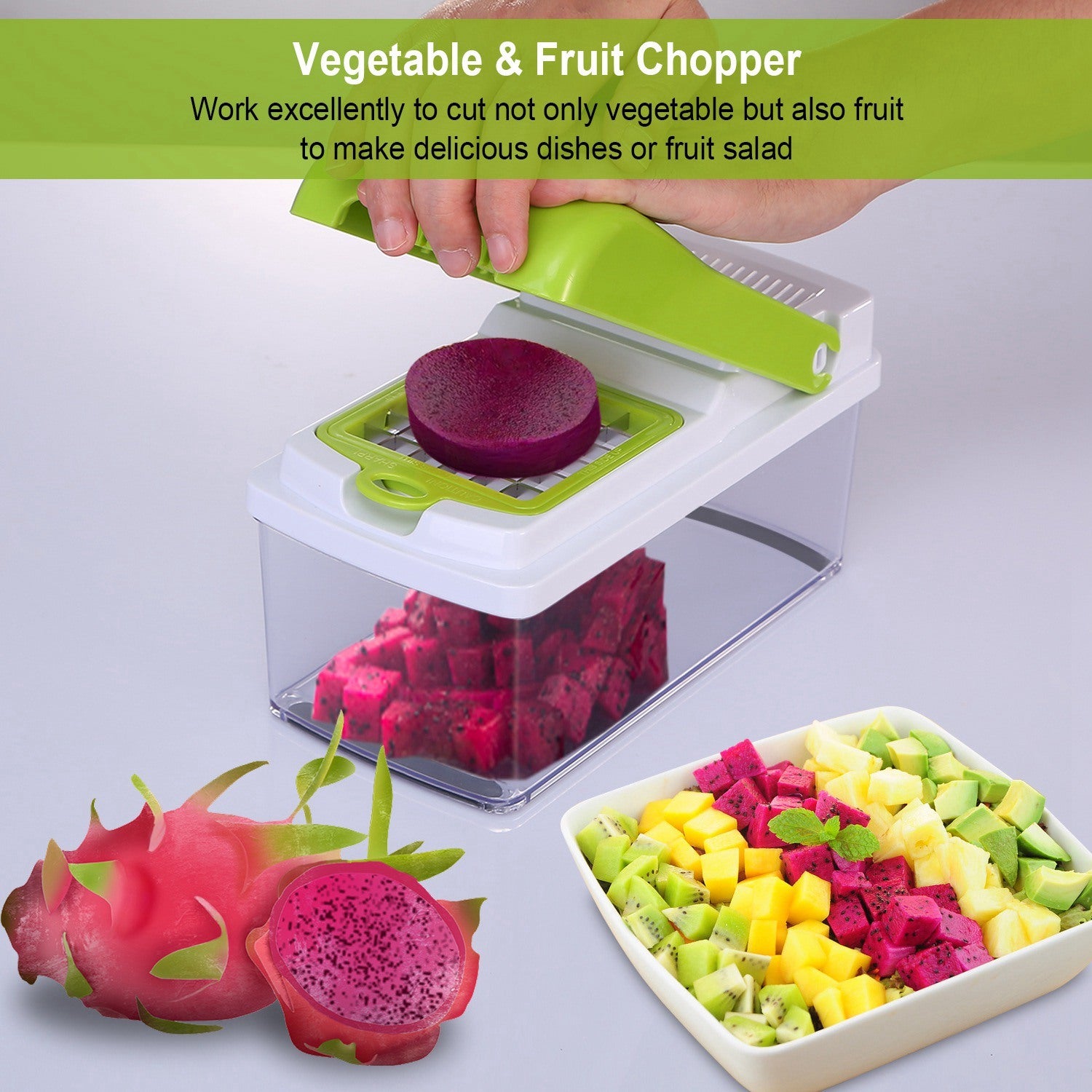 A Vegetable Slicer Quick Potato Tomato Fruit Cutter Set with 3 Blades Stainless Steel Food Chopper with sliced carrots inside it, placed on a kitchen counter with tomatoes nearby.