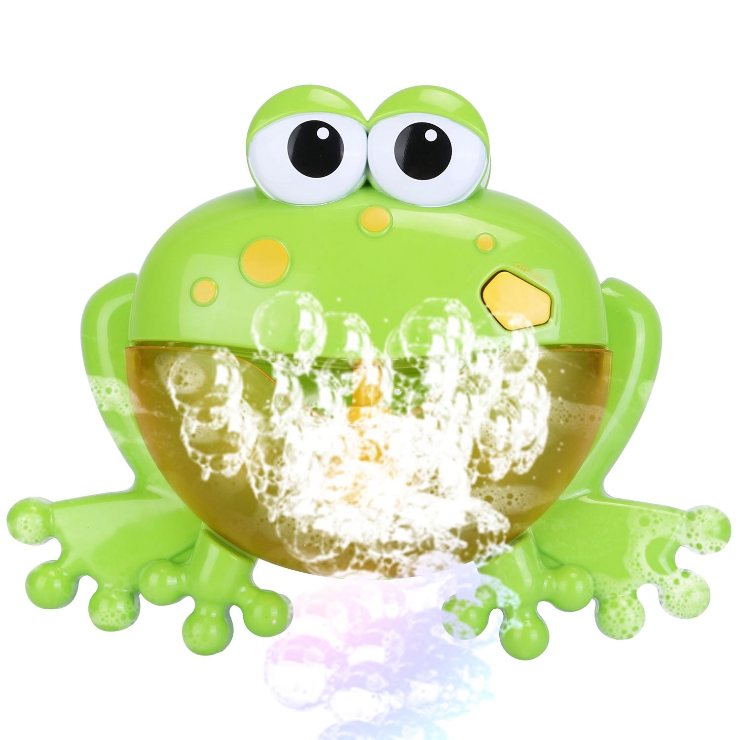 A whimsical Frog Musical Bubble Bath Maker releasing soap foam, isolated on a white background.