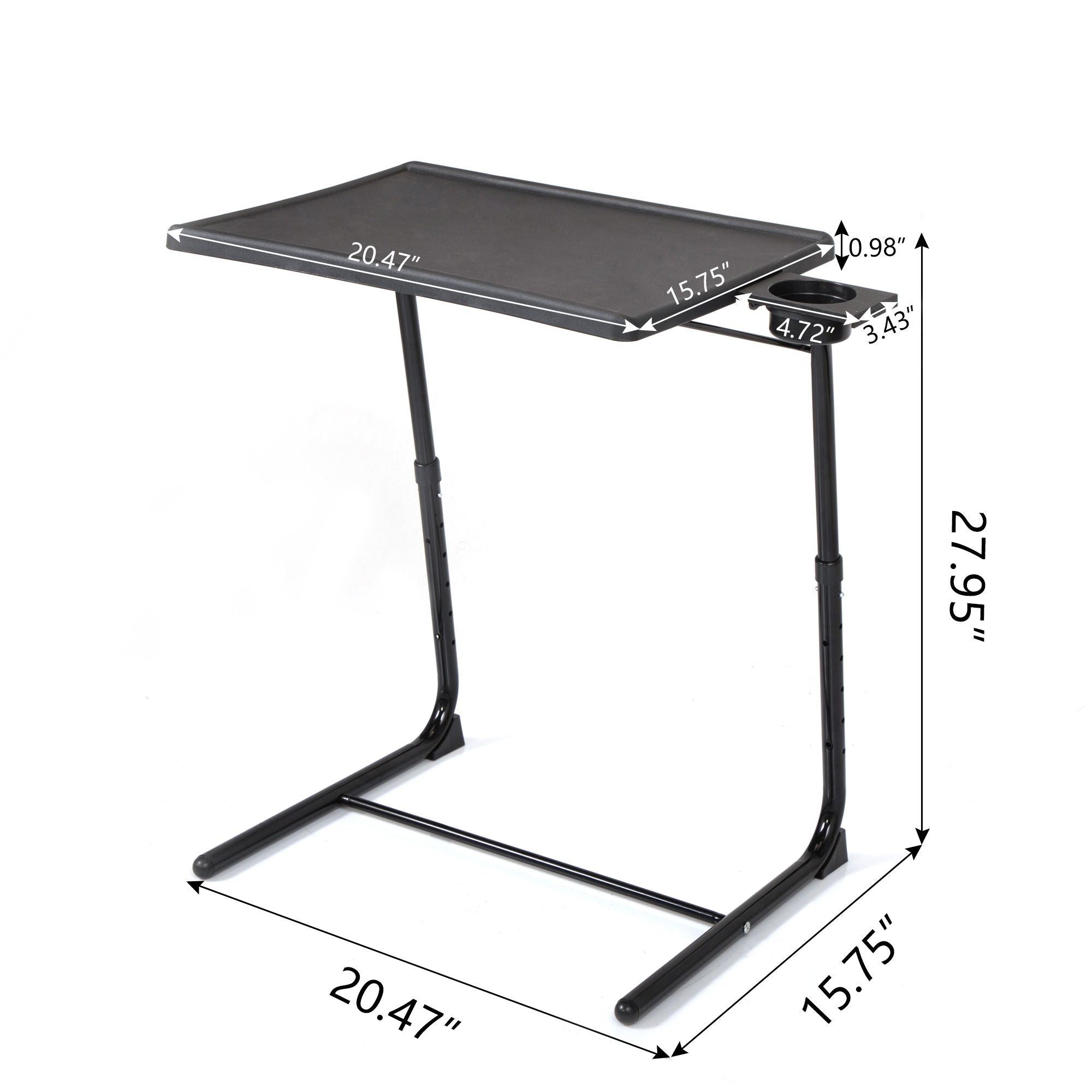 Black Adjustable TV Tray Table with Cup Holder;  Folding TV Dinner Table with 6 Height and 3 Tilt Angle Adjustments, isolated on a white background.