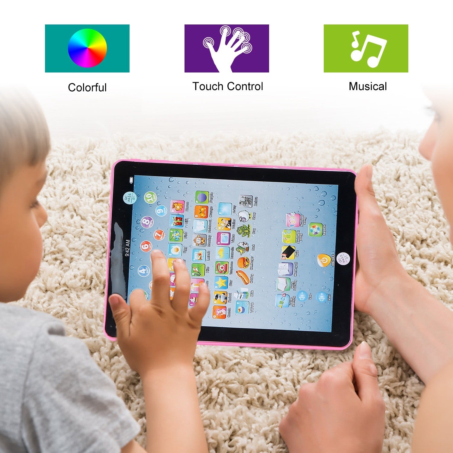 A young girl smiles while leaning on her arm next to an advertisement for a Baby Learning Tablet Educational Mini Pads Toys Touch Learn Toddler Tablet For ABC Numbers Words Gift, highlighting apps for kids aged 1-6.