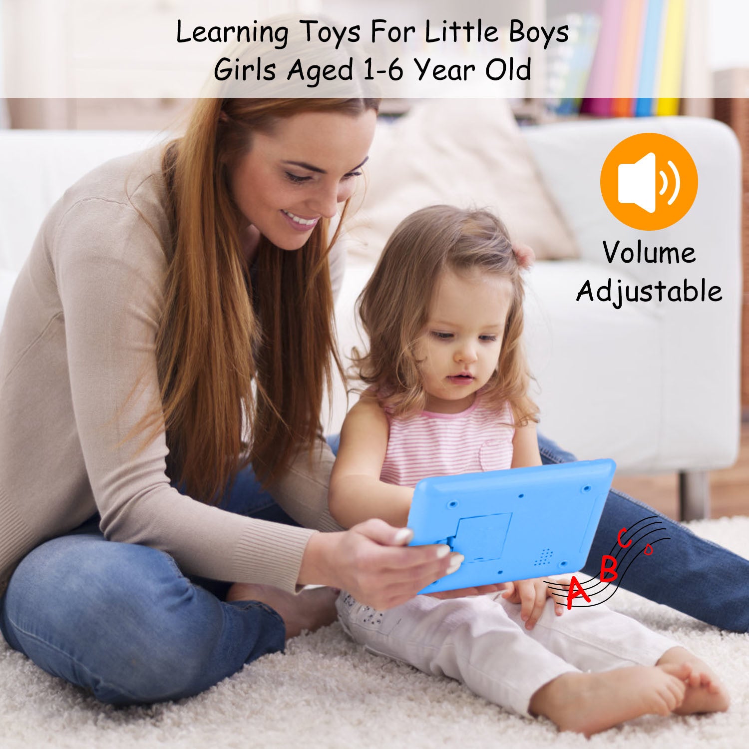 A young girl smiles while leaning on her arm next to an advertisement for a Baby Learning Tablet Educational Mini Pads Toys Touch Learn Toddler Tablet For ABC Numbers Words Gift, highlighting apps for kids aged 1-6.