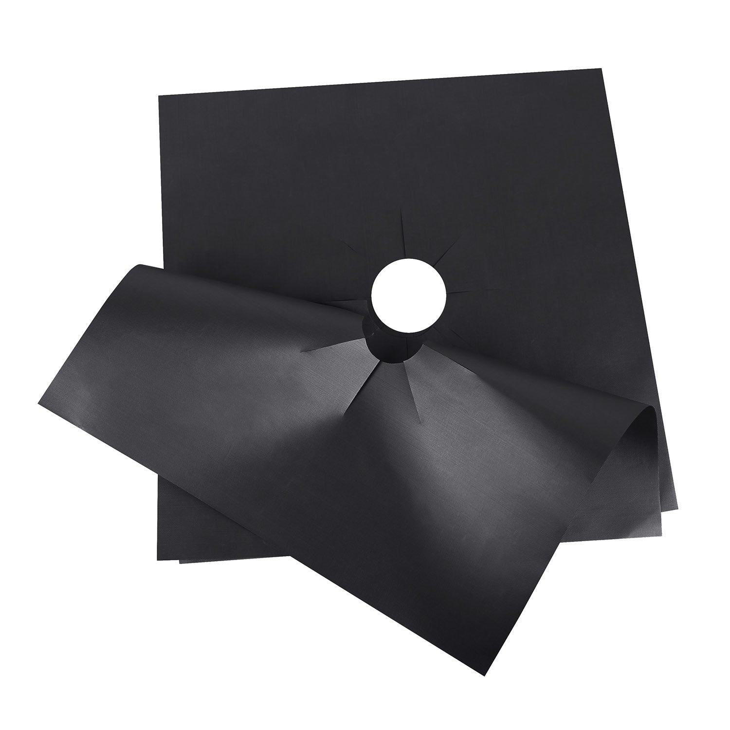 A stack of 4-Pack Reusable Nonstick Stovetop Burner Protector Liner papers with a white circle and crossing lines symbol in the center of the top sheet, treated with a PTFE coating.