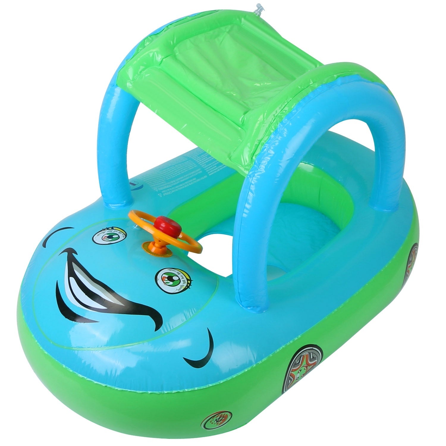 A young child smiles while sitting in a colorful Baby Inflatable Pool Float Car Shaped Toddler Swimming Float Boat Pool Toy Infant Swim Ring Pool with Sun Protection Canopy for 1-3 Year-Old Kids Infant Toddlers in a swimming pool.