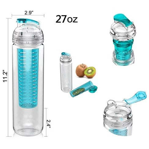 A Fruitcola Dome Fruit Infuser Water Bottle with a built-in fruit infuser, surrounded by fresh strawberries, kiwi, lemon, and mint leaves.