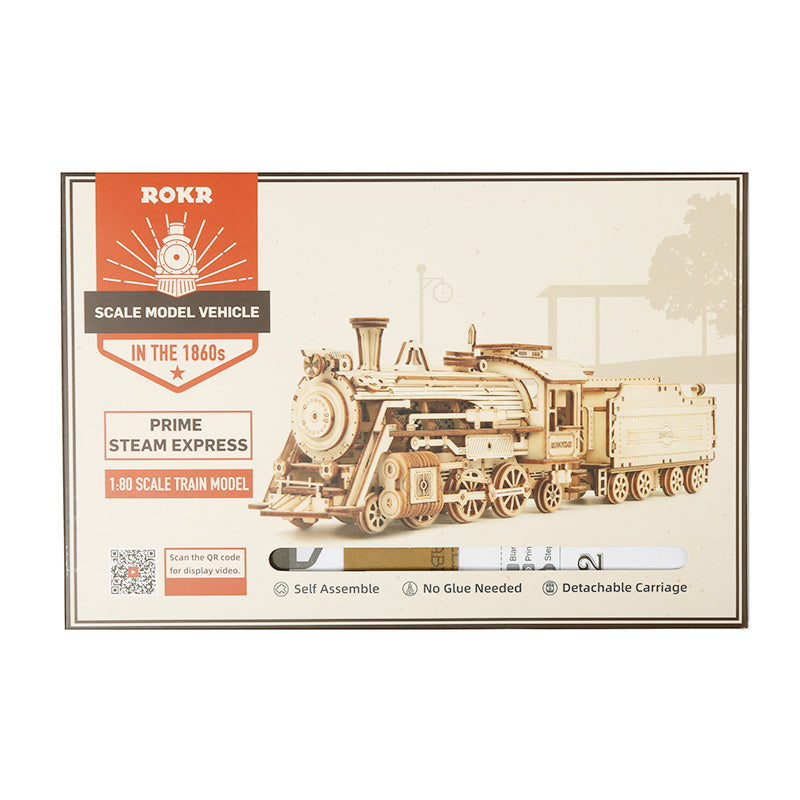 A detailed Robotime ROKR 3D Wooden Puzzle Toy Assembly Model Building Kit of a classic steam locomotive with intricate designs, displayed on a solid white background. No glue required.