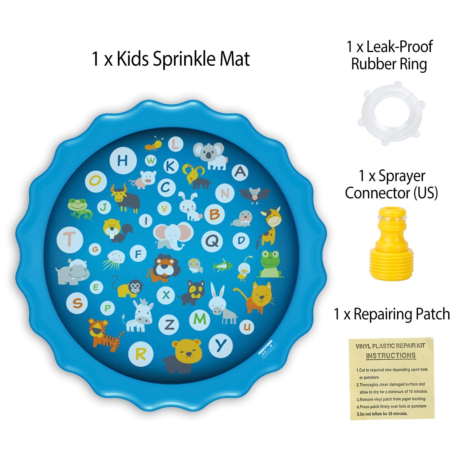 Three children playing joyfully in a Sprinkler Splash Pad For Kids 68IN Inflatable Blow Up Pool Sprinkle Play Mat Summer Outdoor Water Toys on a sandy beach, with overlay text highlighting product features.