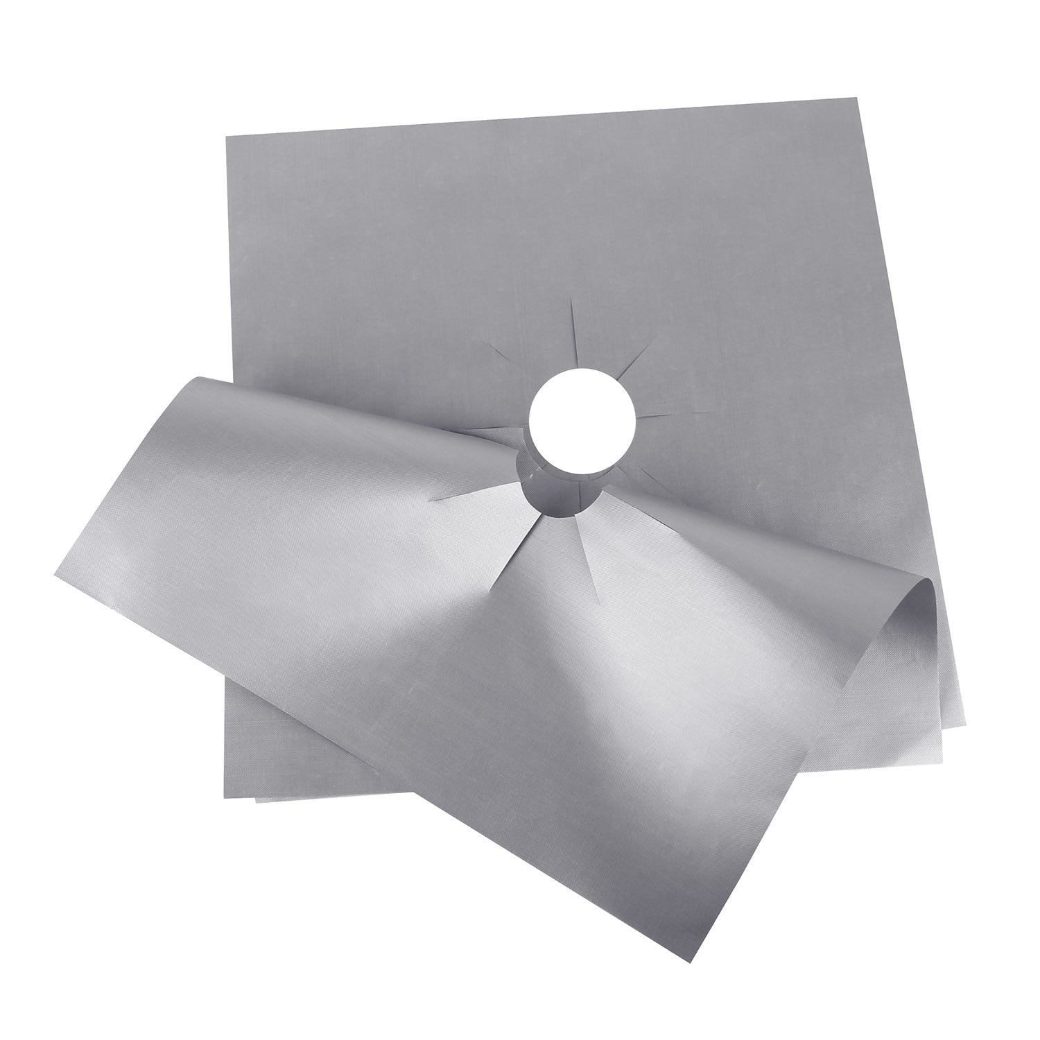 A stack of 4-Pack Reusable Nonstick Stovetop Burner Protector Liner papers with a white circle and crossing lines symbol in the center of the top sheet, treated with a PTFE coating.