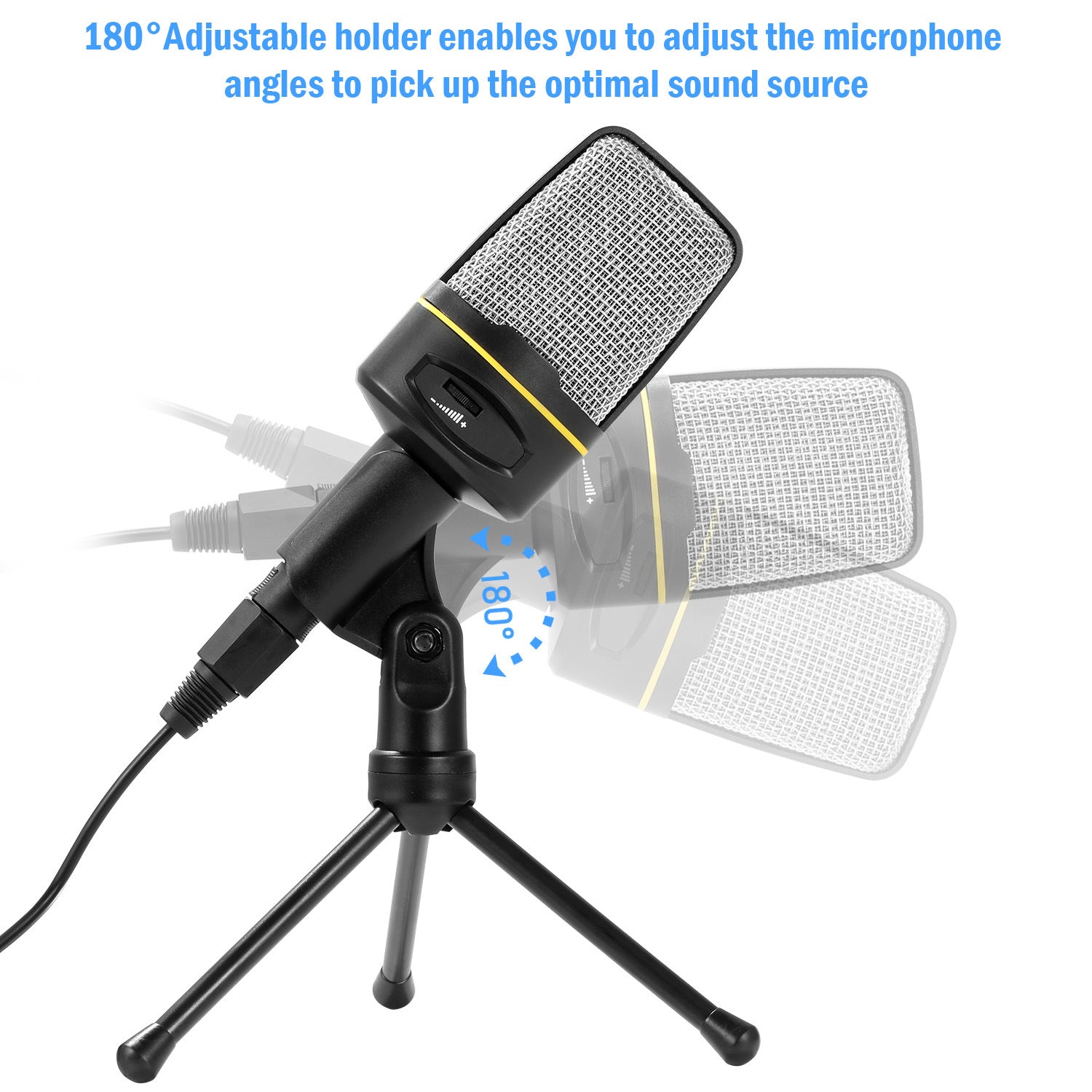 An Pro Condenser Microphone with Tripod Stand Audio Studio Recording Desktop Mic Flexible Mic on a small tripod stand, isolated on a white background.