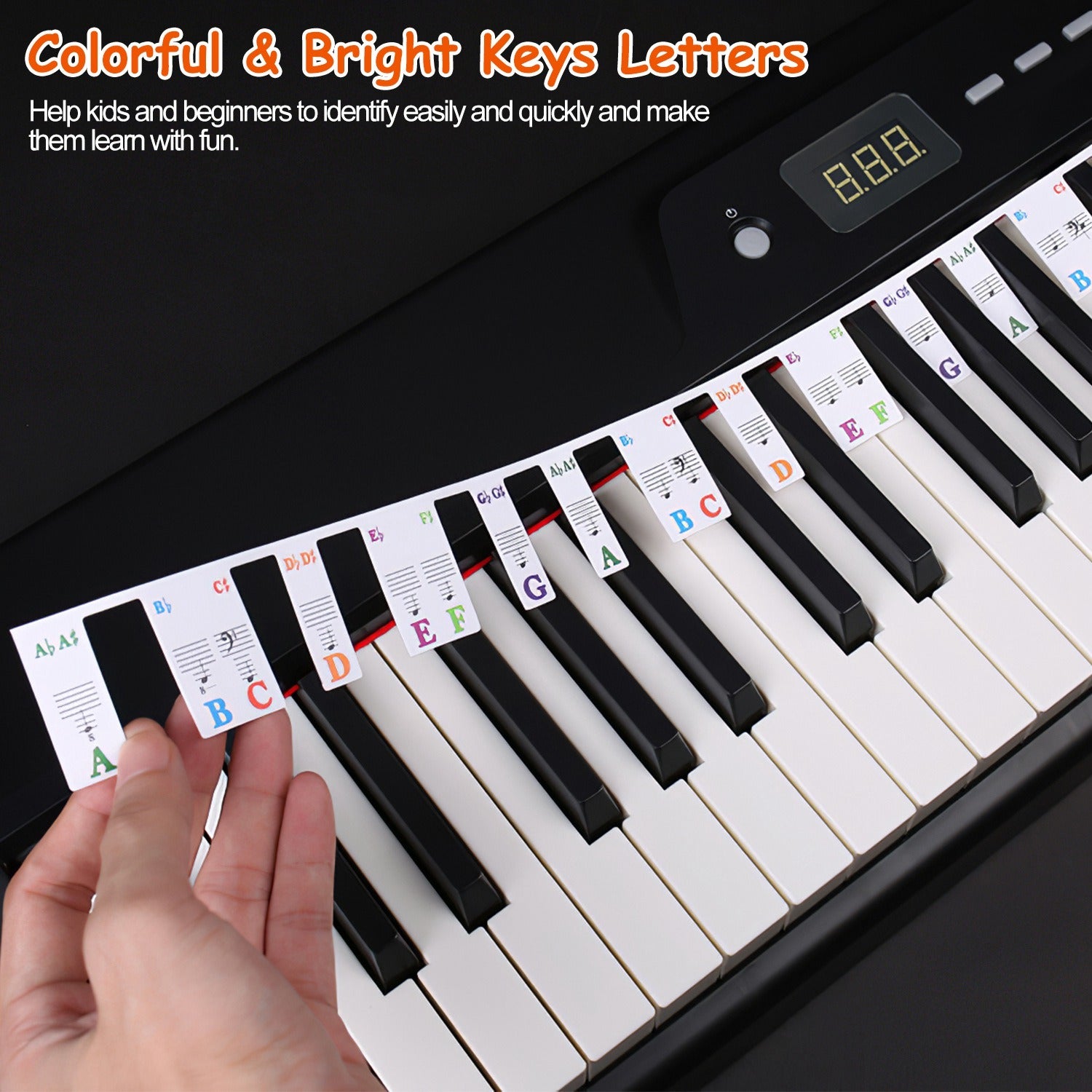 Piano Keyboard Stickers Removable Piano Key Labels PVC Piano Notes Guide without Glue for Beginners Kids with musical notes and corresponding letters, displayed in a loop beside a small round container with a metallic lid.