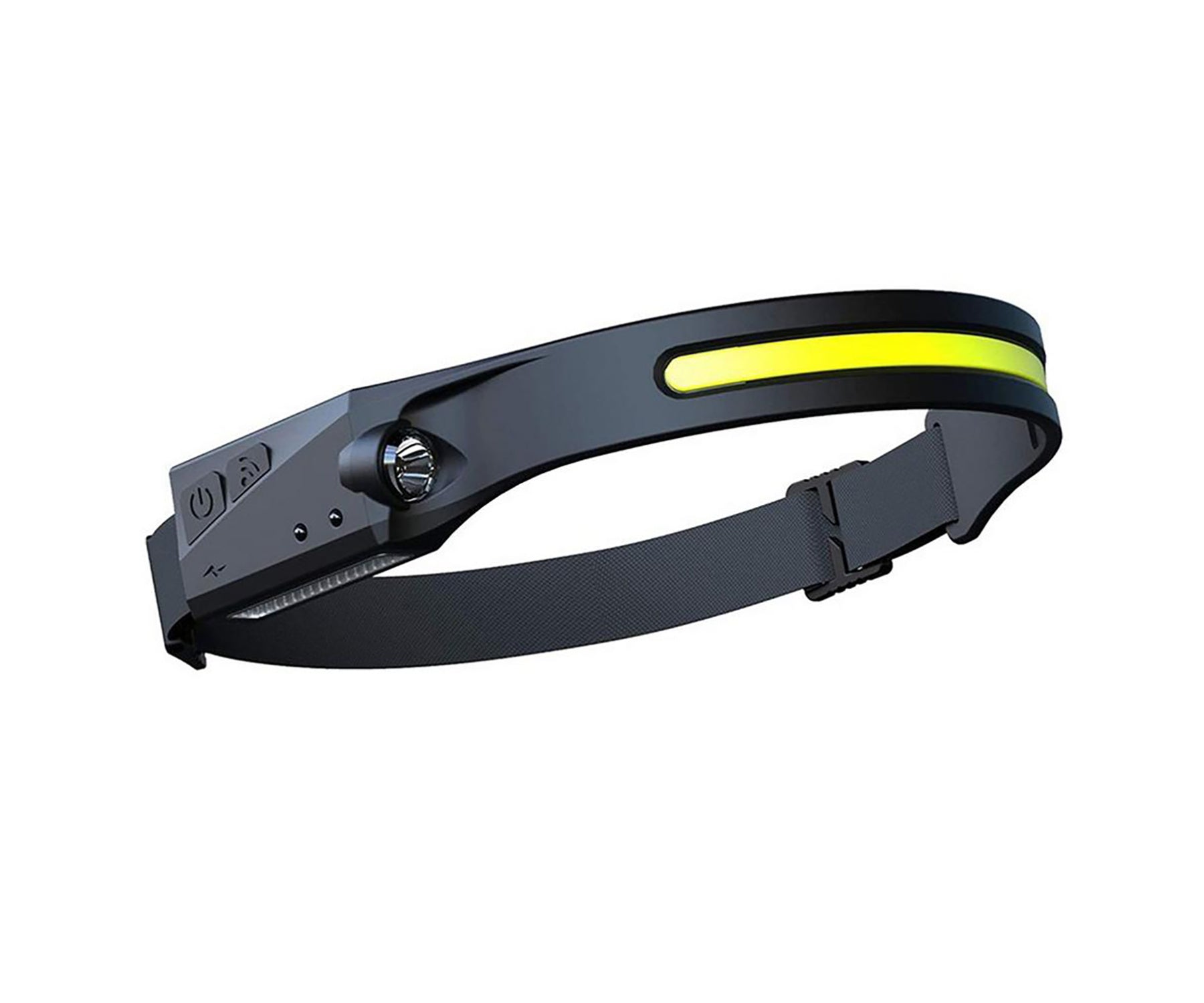 A black Induction COB-XPE LED headlamp with a yellow stripe, adjustable strap, and side control buttons isolated on a white background.