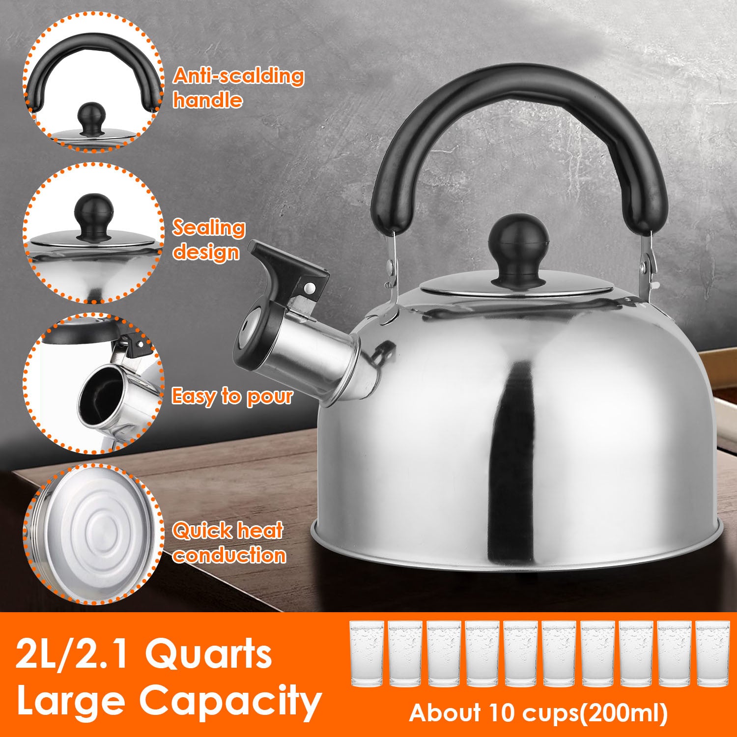 2.1Quarts Stainless Steel Whistling Tea Kettle Stovetop Induction Gas Teapot with Insulated Handle Camping Kitchen Office with a black handle and spout, featuring a loud whistling sound, isolated on a white background.