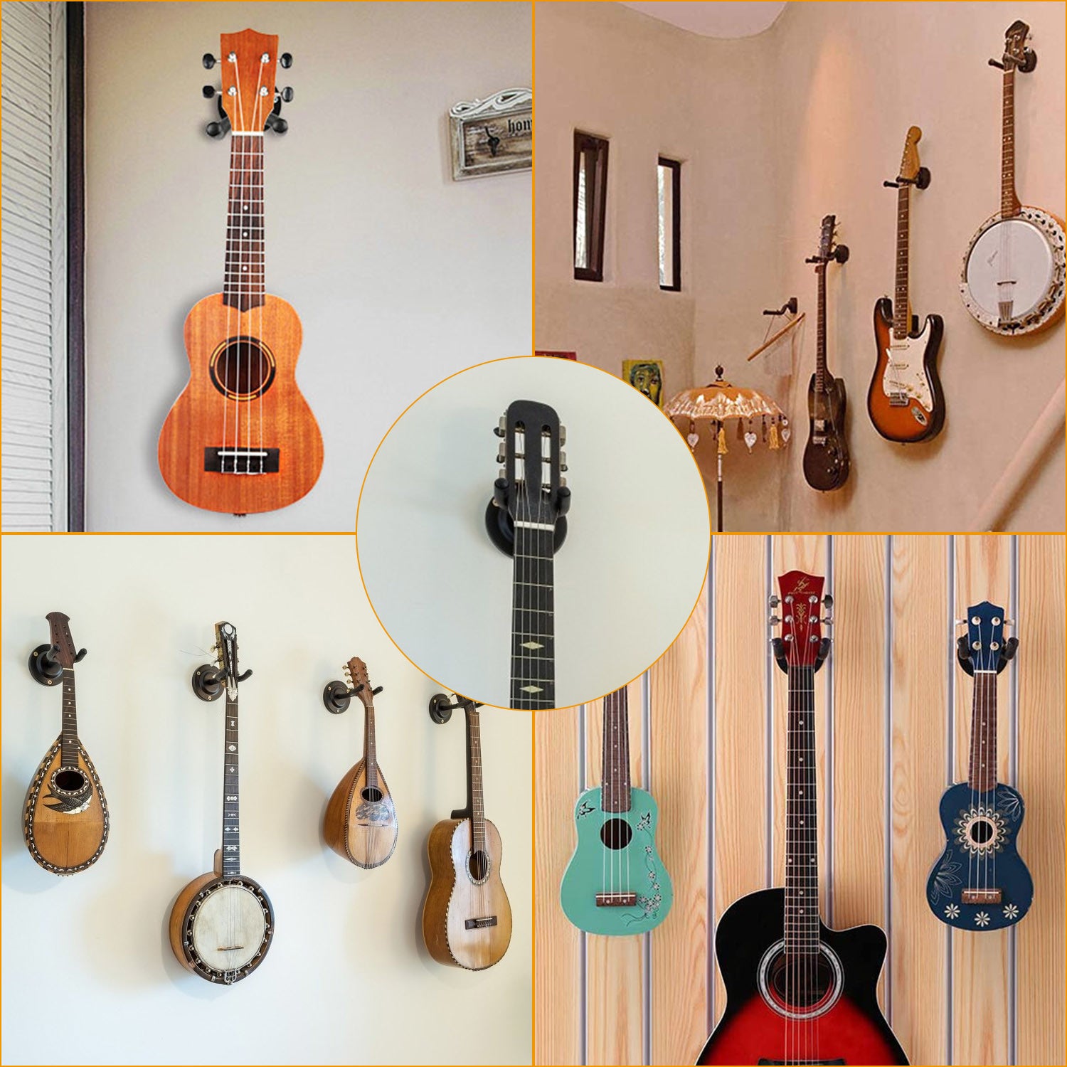 A black Wall Mount Guitar Hanger Padded Steel Guitar Bracket Holder Hook Rack, shown in use holding a guitar, and emphasizing features like guitar protection and durability.