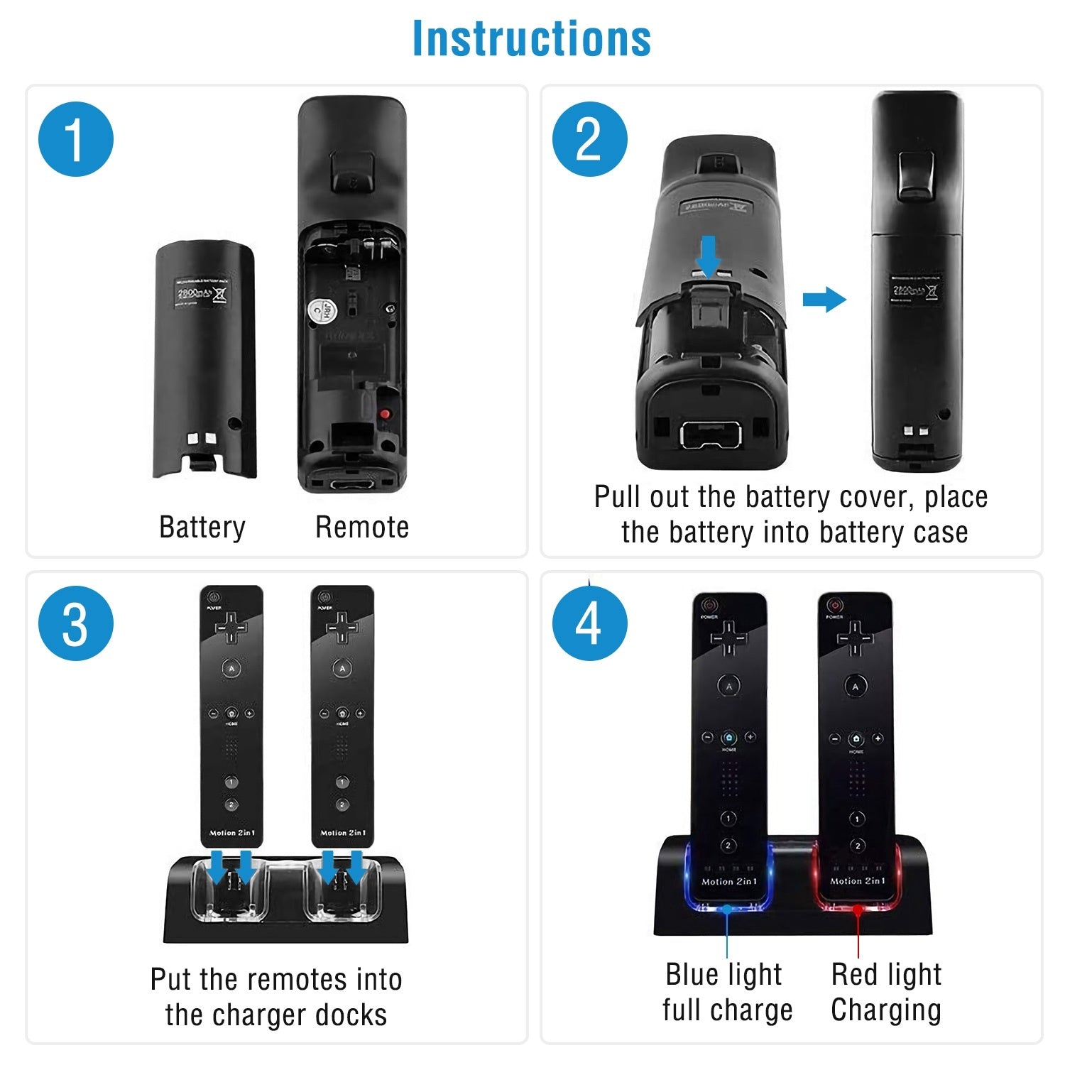 A For Wii Remote Controller Charger Dual Charge Dock with Two 2800mAh Rechargeable Batteries station for gaming controllers with rechargeable batteries, a USB cable, and safety feature icons displayed.