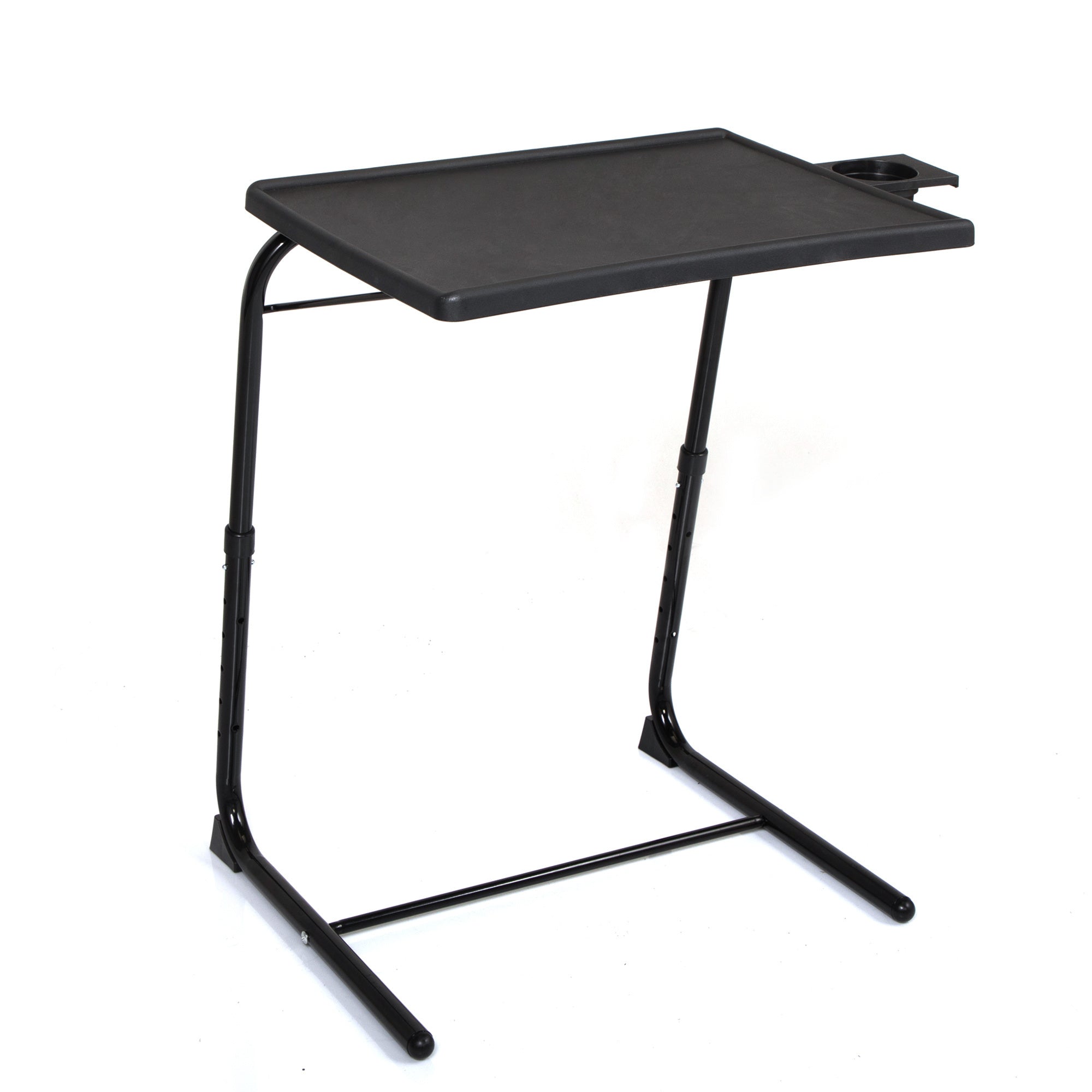 Black Adjustable TV Tray Table with Cup Holder;  Folding TV Dinner Table with 6 Height and 3 Tilt Angle Adjustments, isolated on a white background.
