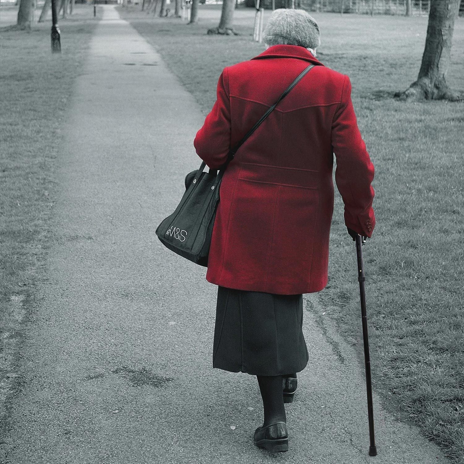 Red Walking Cane Aluminum Alloy Walking Stick Adjustable Folding Travel Hiking Stick extended and folded, isolated on a white background.