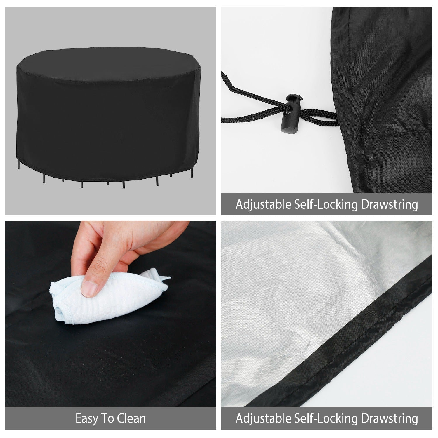 A Circular Table Cover UV Water Resistant Outdoor Furniture Protector fitting over a round table, with the table's legs visible.