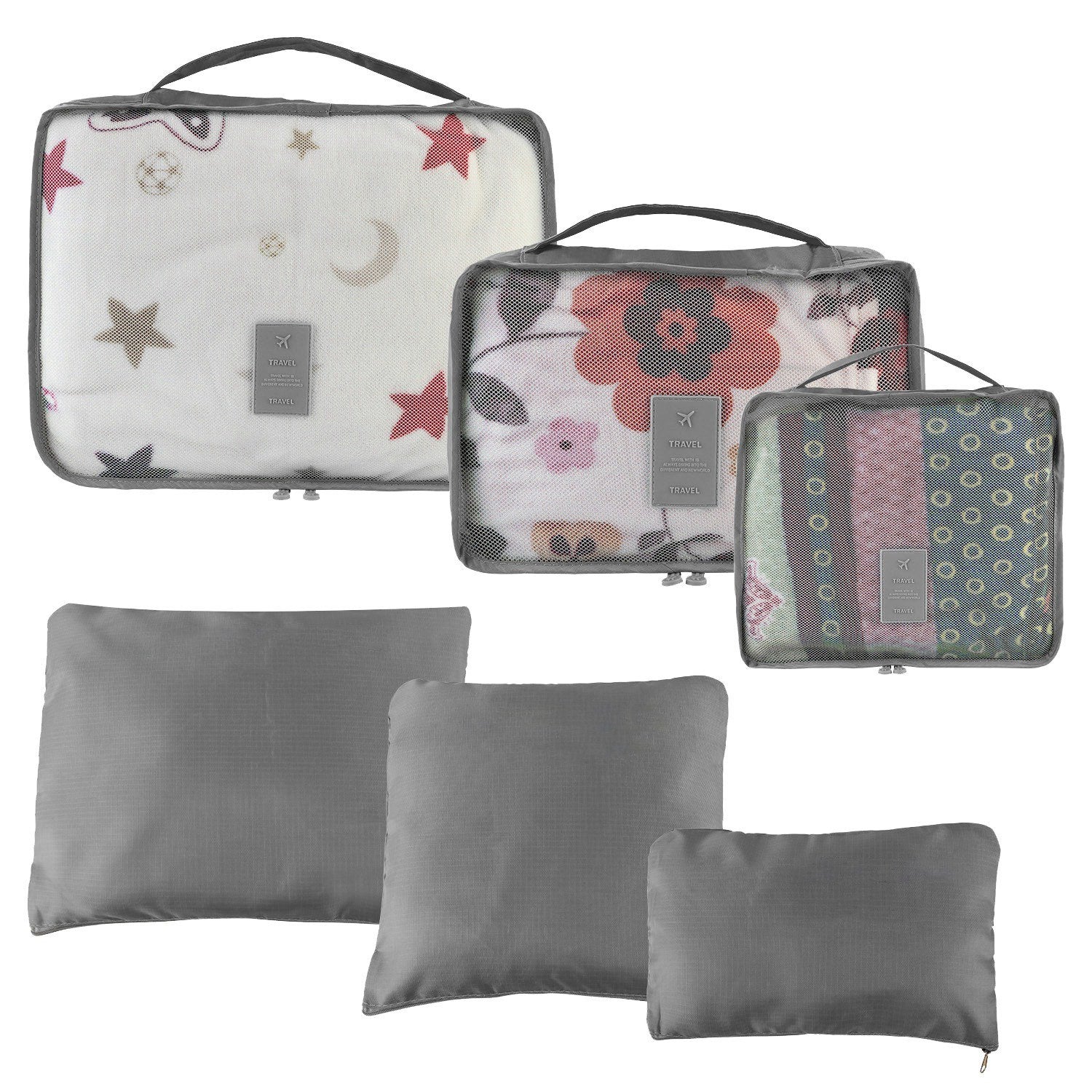 Set of four 9Pcs Clothes Storage Bags Water-Resistant Travel Luggage Organizer Clothing Packing Cubes of varying sizes with clothing items, displayed next to a folded floral blouse, all on a white background.