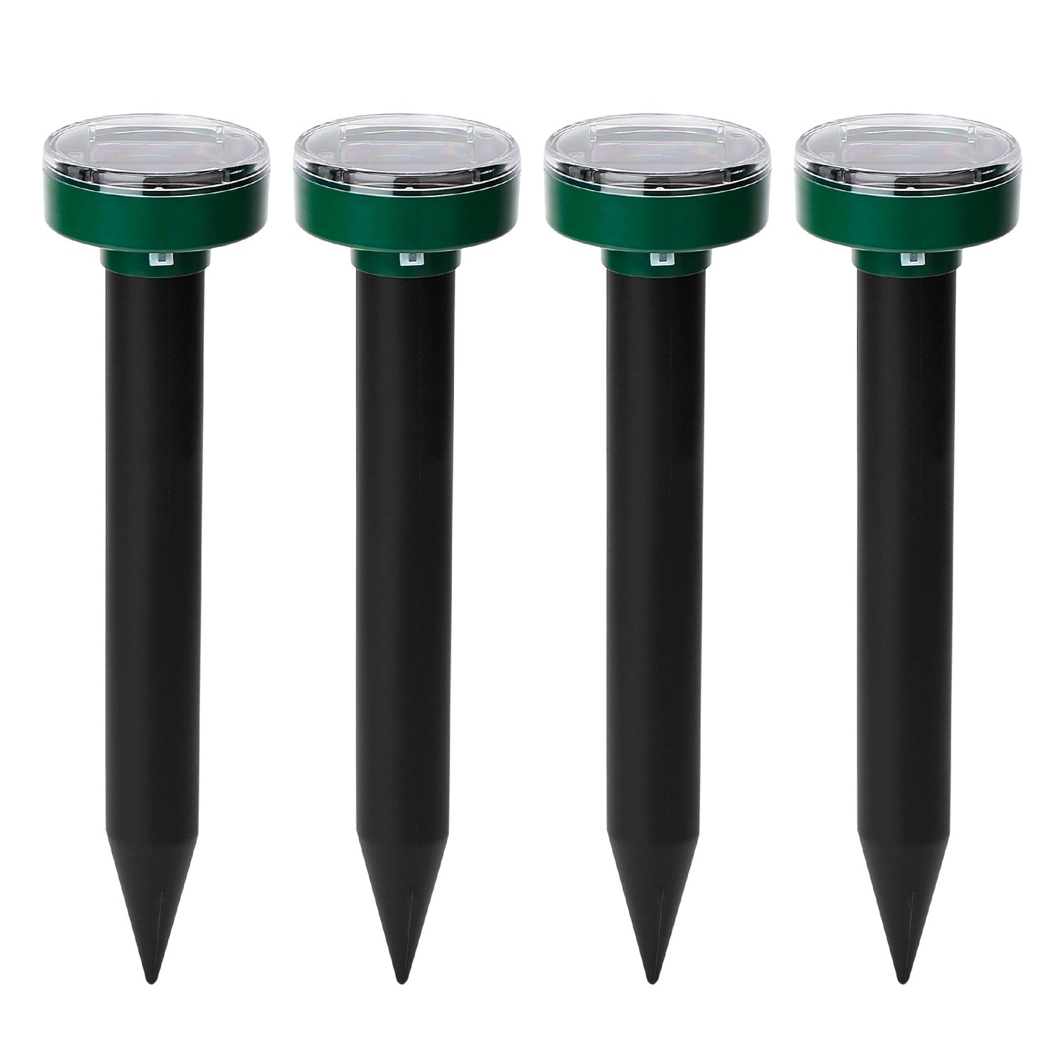 Four 4Pcs Solar Powered Mole Repeller Sonic Gopher Stakes inserted in the ground with icons emphasizing their features like waterproof protection and safety, beside a girl and a chicken in a grassy yard.