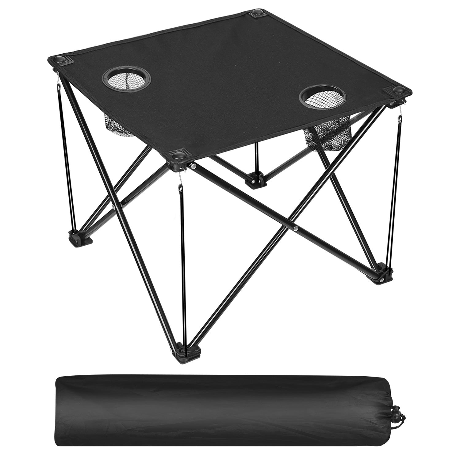 Portable black camping chair with two cup holders, made from sturdy 600D Oxford fabric, shown both set up and folded inside a carry bag.