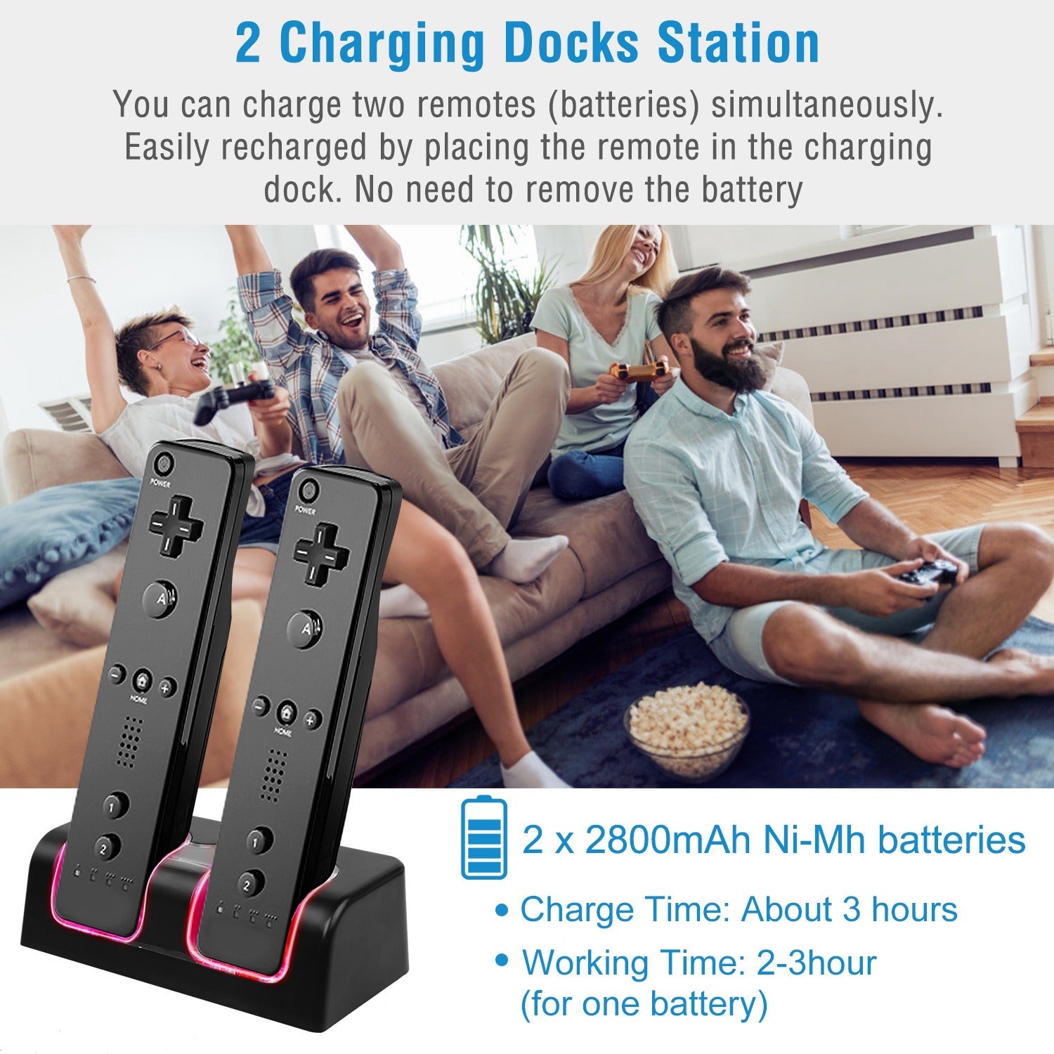 A For Wii Remote Controller Charger Dual Charge Dock with Two 2800mAh Rechargeable Batteries station for gaming controllers with rechargeable batteries, a USB cable, and safety feature icons displayed.