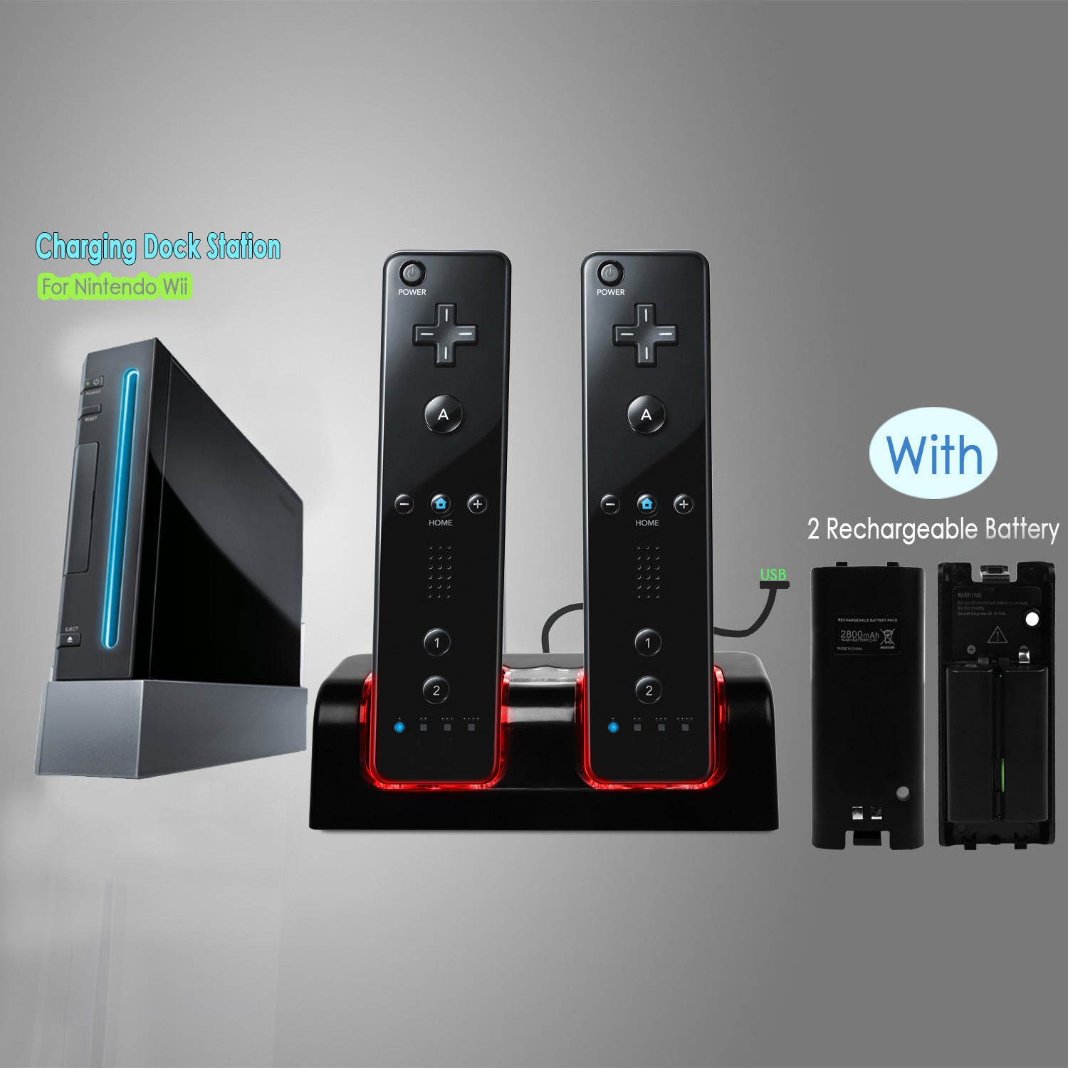 A For Wii Remote Controller Charger Dual Charge Dock with Two 2800mAh Rechargeable Batteries station for gaming controllers with rechargeable batteries, a USB cable, and safety feature icons displayed.