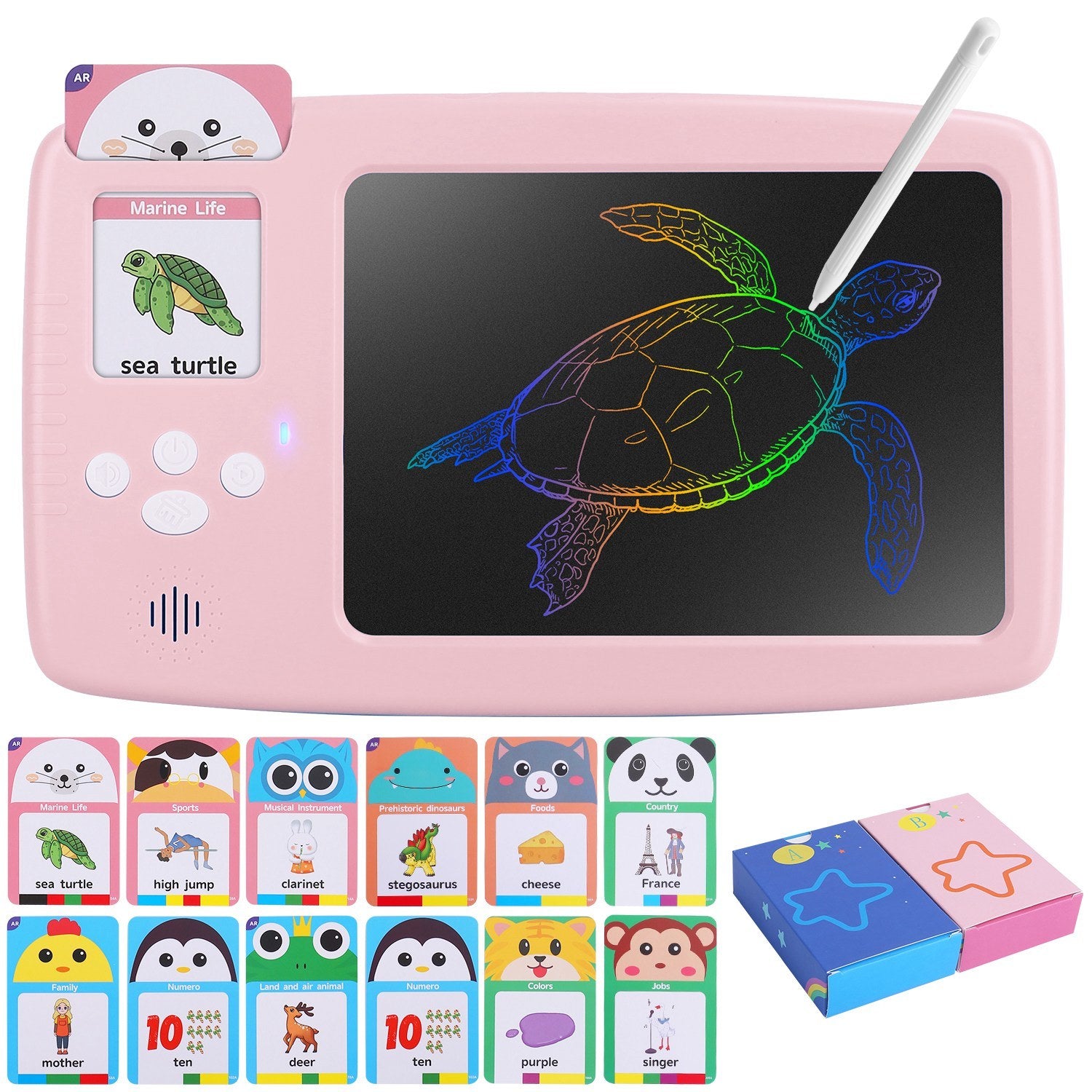 A 224 Words Toddler Learning Toy Talking Flash Cards with LCD Writing Tablet Preschool Educational Reading Drawing Machine Autism Sensory Toy 3+ Years Old Children with stylus and cartoon drawings illuminated in a rainbow of colors, accompanied by music-themed flashcards, is an ideal early education machine.