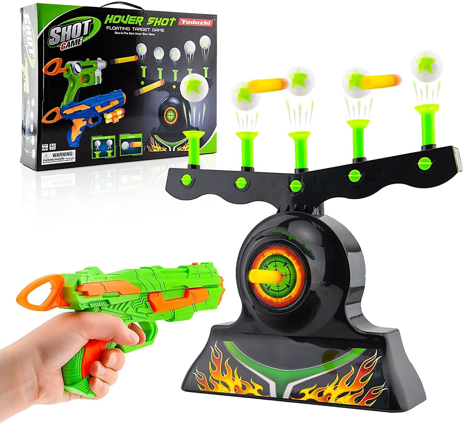 A toy hover shot game set, featuring a neon green and orange Shooting Targets for Nerf Guns Shooting Game Glow in The Dark Floating Ball Target Practice Toys for Kids Boys Hover Shot 1 Blaster Toy Gun 10 Soft Foam Balls 3 Darts Gift, floating ball targets on air streams, and packaging.