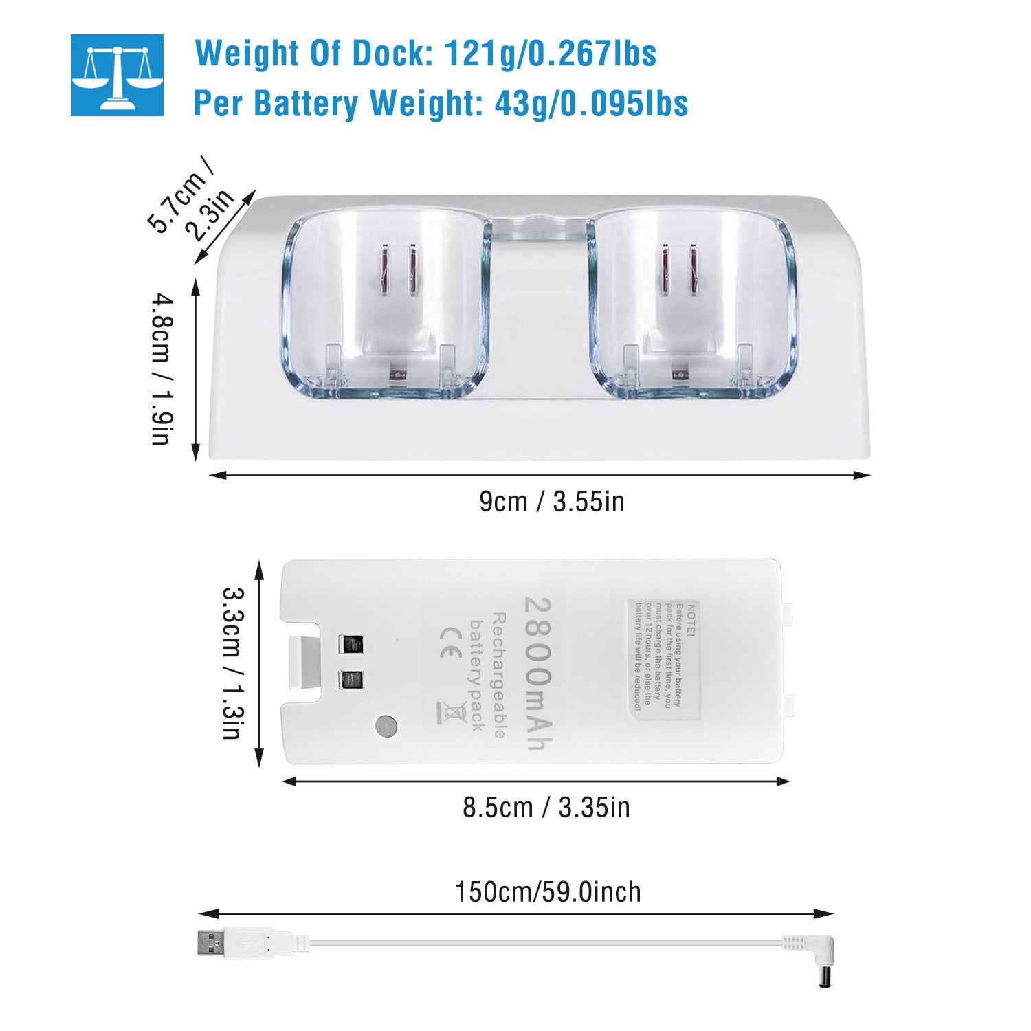 A For Wii Remote Controller Charger Dual Charge Dock with Two 2800mAh Rechargeable Batteries station for gaming controllers with rechargeable batteries, a USB cable, and safety feature icons displayed.