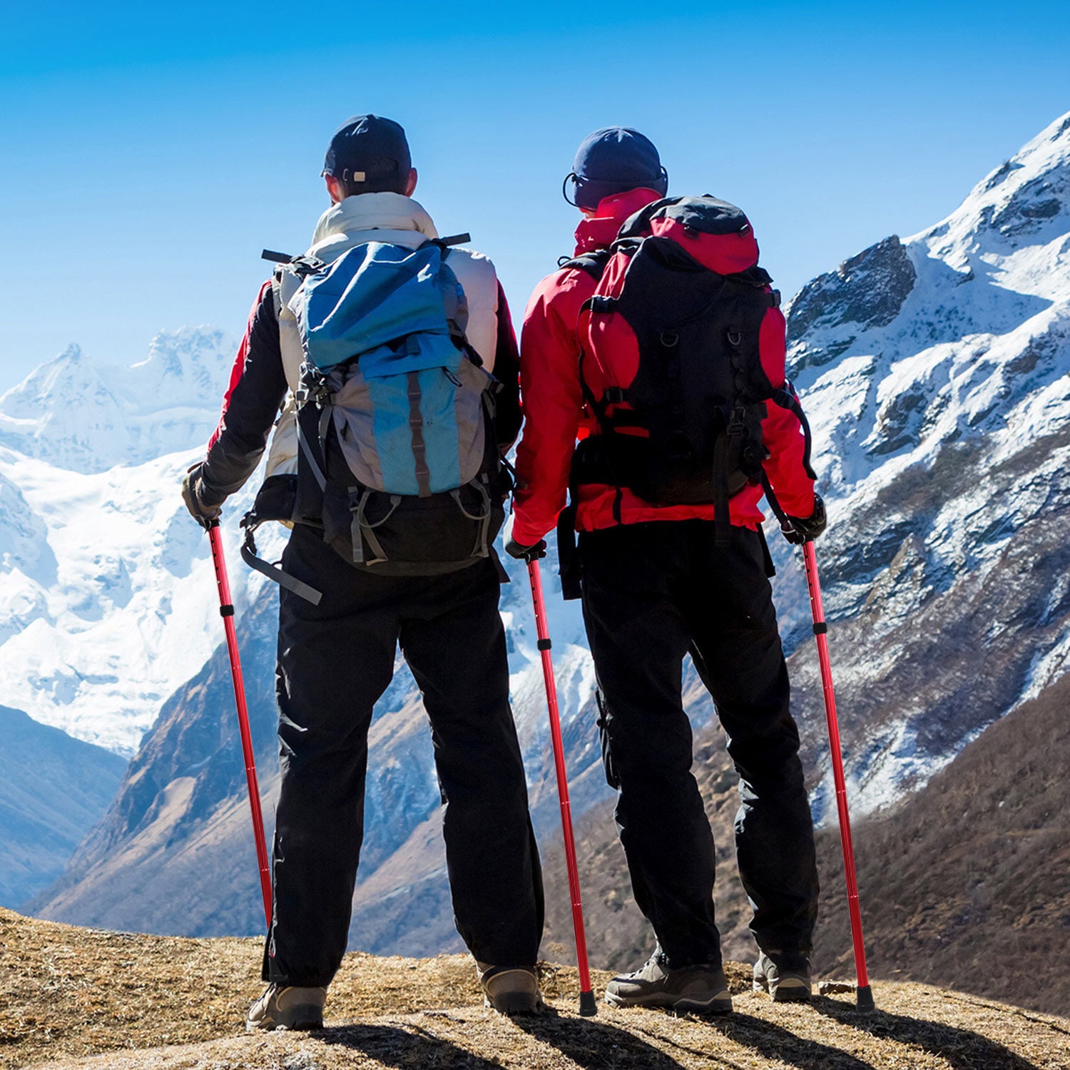 Red Walking Cane Aluminum Alloy Walking Stick Adjustable Folding Travel Hiking Stick extended and folded, isolated on a white background.