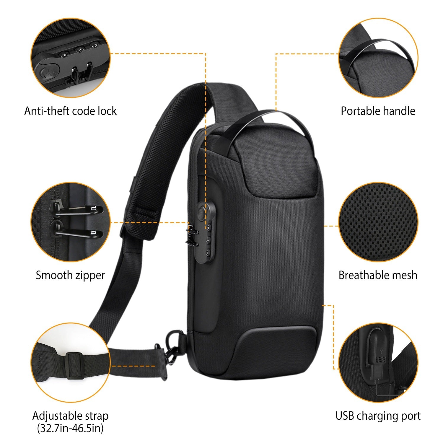 A Men's Sling Backpack Waterproof Anti-theft Shoulder Crossbody Chest Bag Messenger Sling Bag Daypack with USB Charging Port, featuring a smooth outer surface and an adjustable shoulder strap, isolated on a white background.