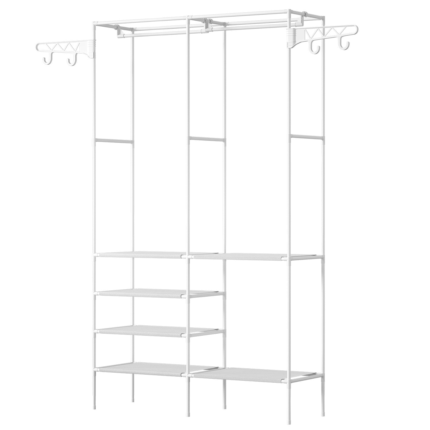 Black Metal Garment Rack Shoe Clothing Organizer Shelves Freestanding Multifunctional Clothes Wardrobe with multiple shelves and hanging bars, featuring additional hooks on the top side for extra storage.