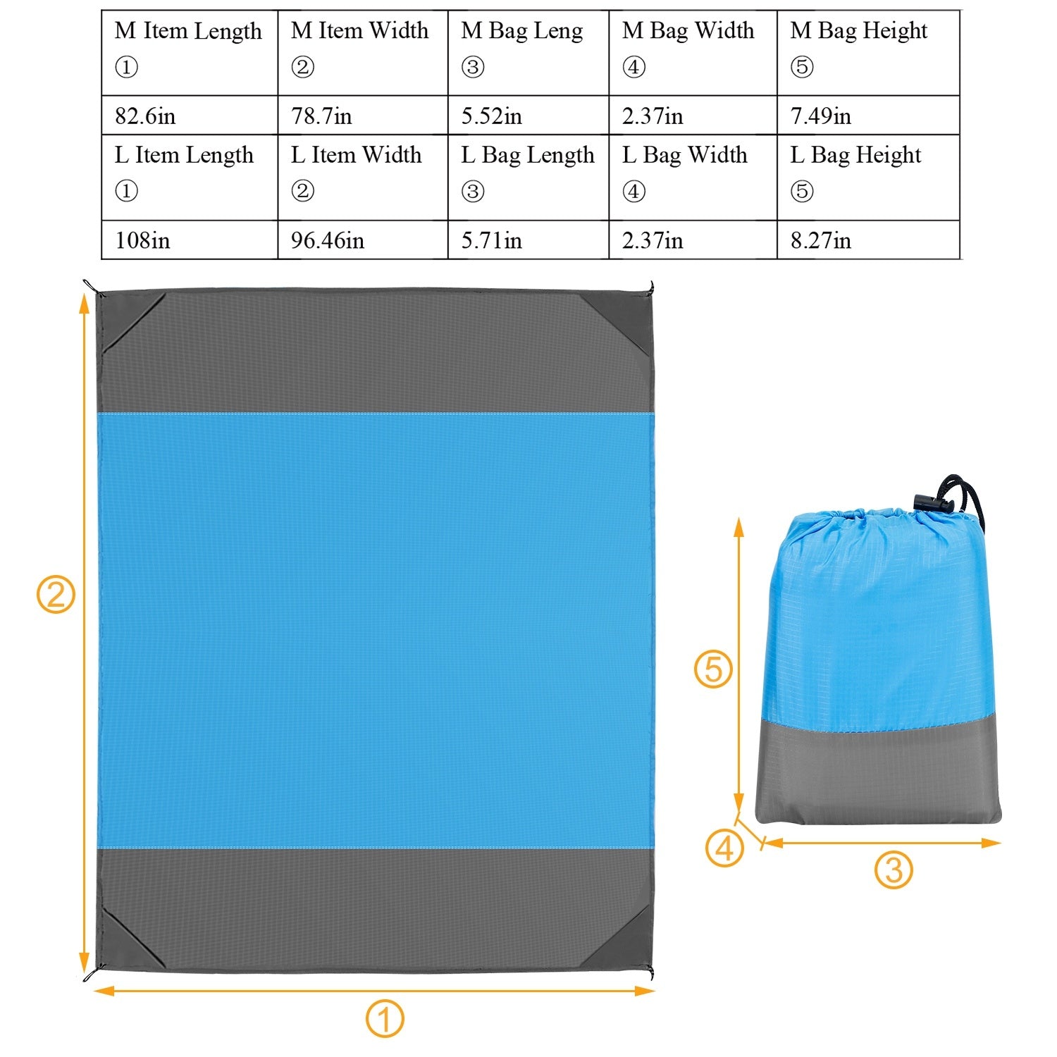 108x96.46in Sand Proof Picnic Blanket Water Resistant Foldable Camping Beach Mat with stakes and a carry bag, isolated on a white background.