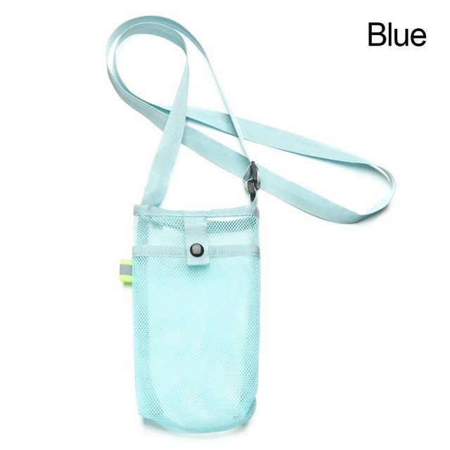 Black mesh Water and Phone bag with a shoulder strap and a blue water bottle partially visible at the top.