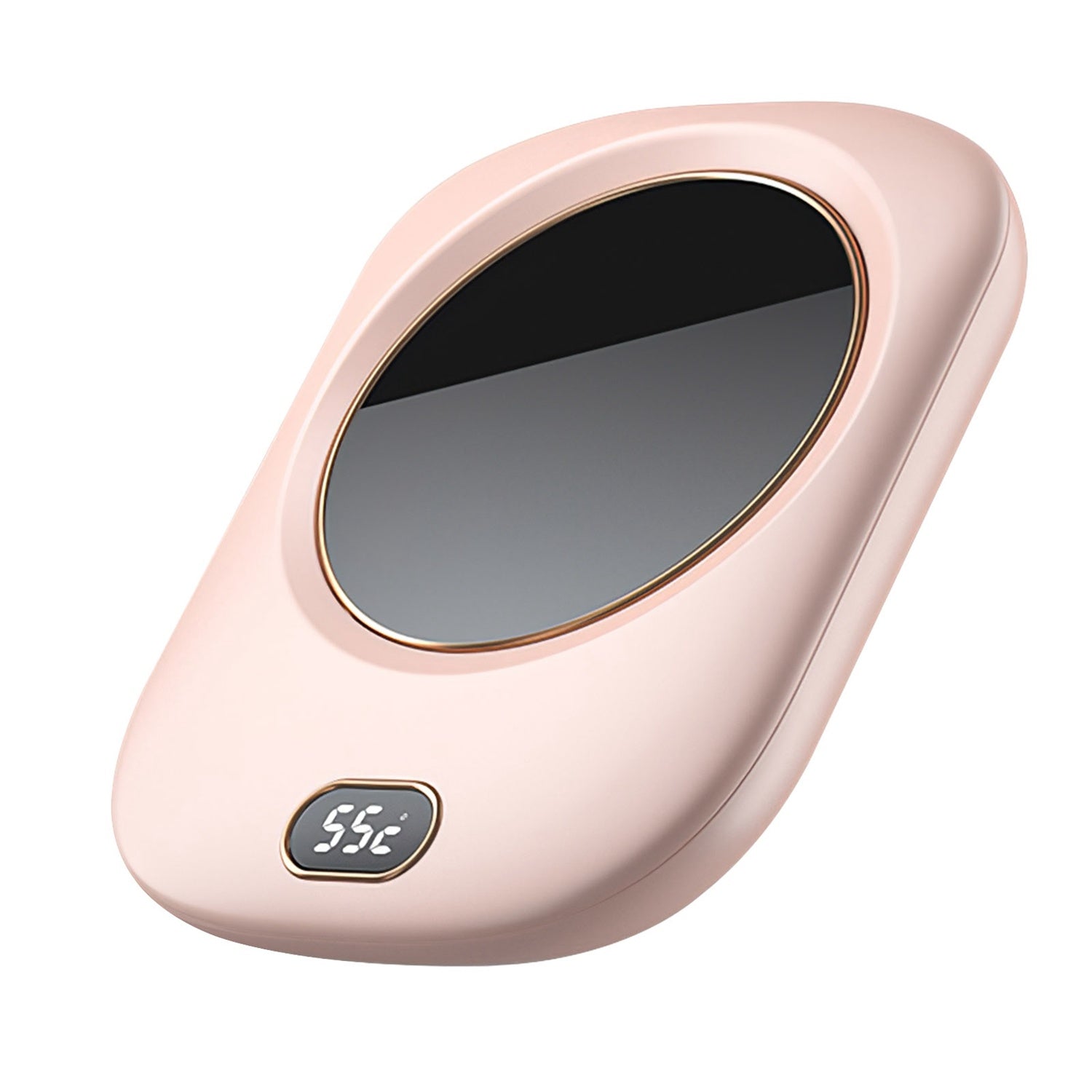 A pink Electric Coffee Mug Warmer for Desk Auto Shut off USB Tea Milk Beverage Cup 3 Temperature Setting with a digital display showing the temperature at 55 degrees Celsius and auto off feature.