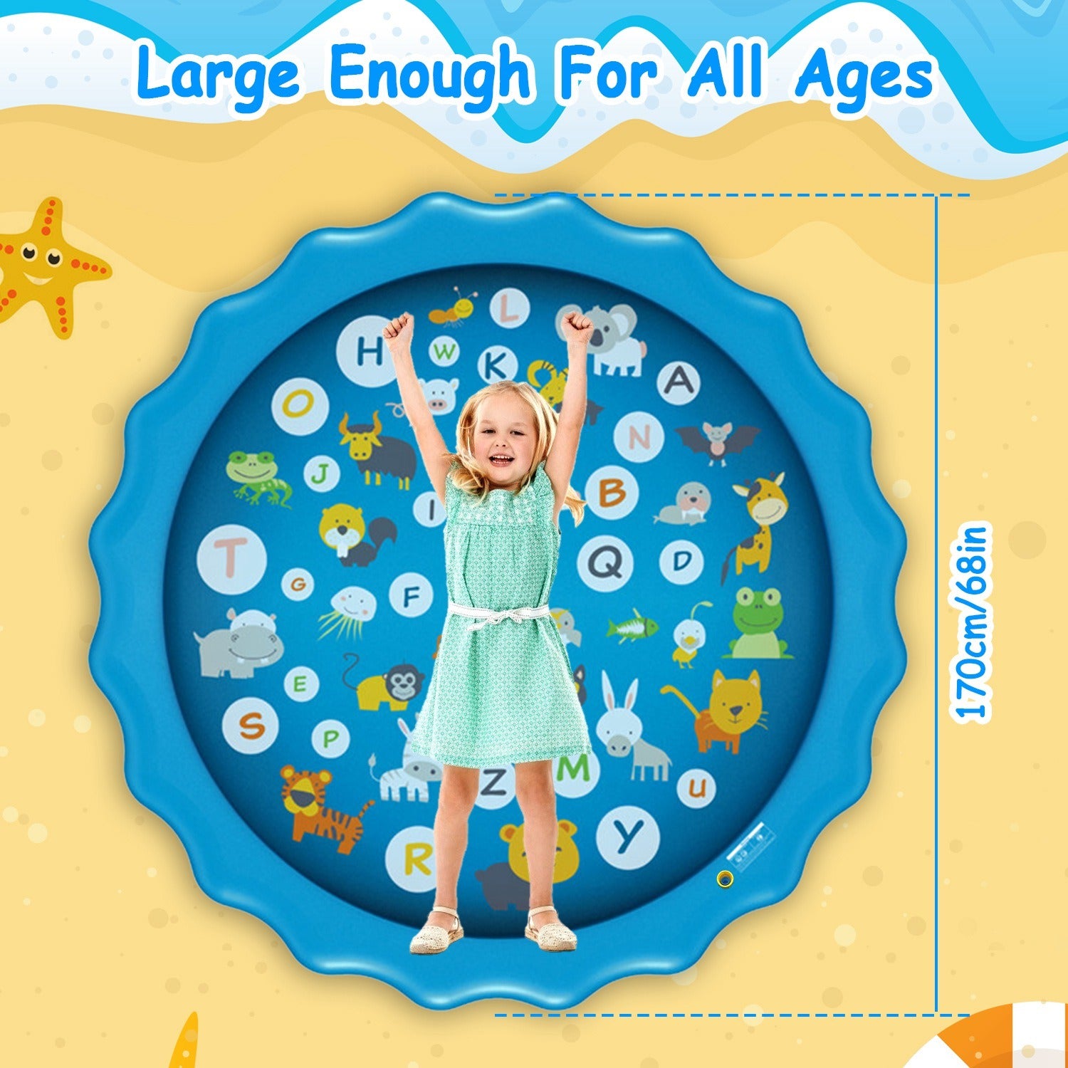 Three children playing joyfully in a Sprinkler Splash Pad For Kids 68IN Inflatable Blow Up Pool Sprinkle Play Mat Summer Outdoor Water Toys on a sandy beach, with overlay text highlighting product features.