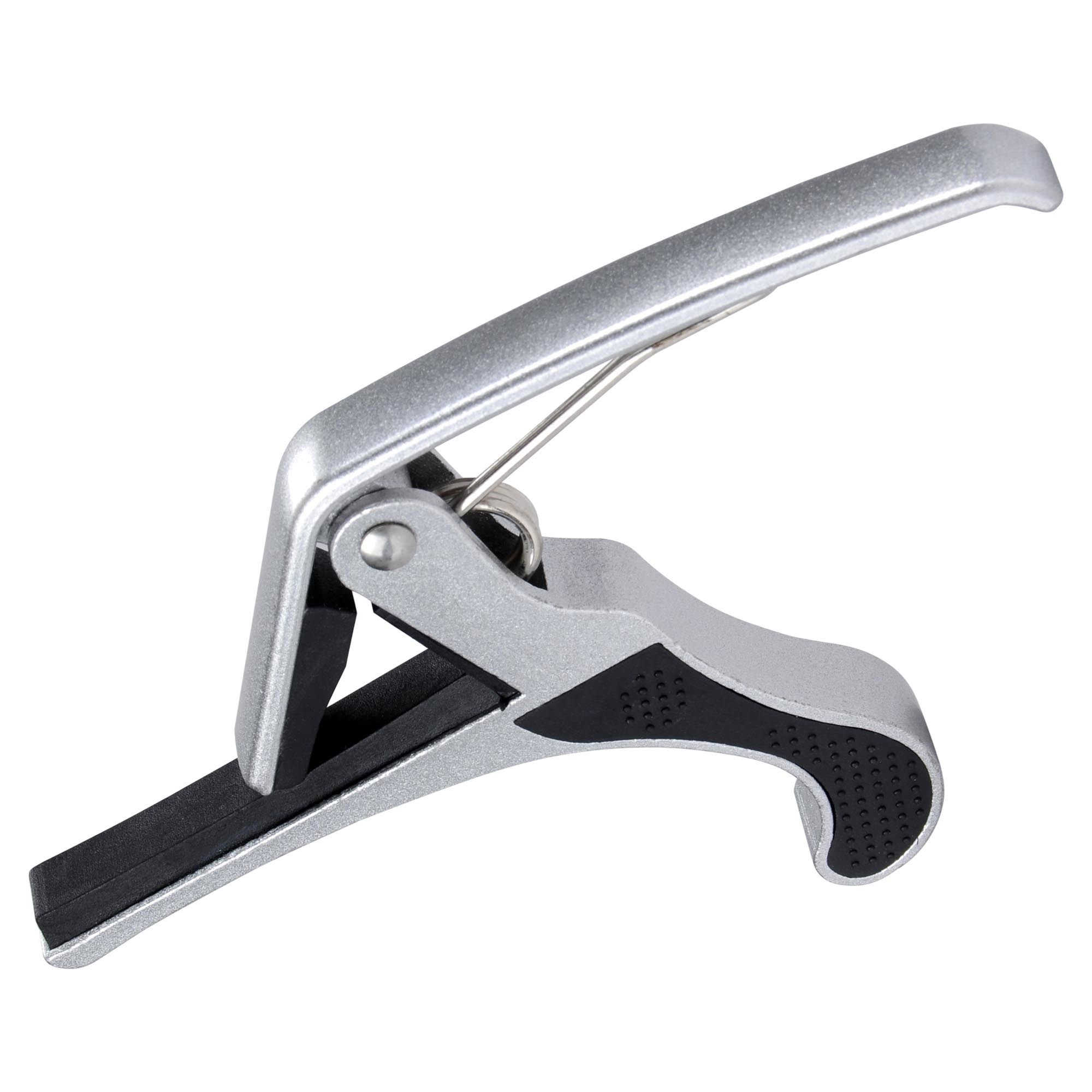 Aluminum alloy silver Guitar Capo with black rubber padding, isolated on a white background.