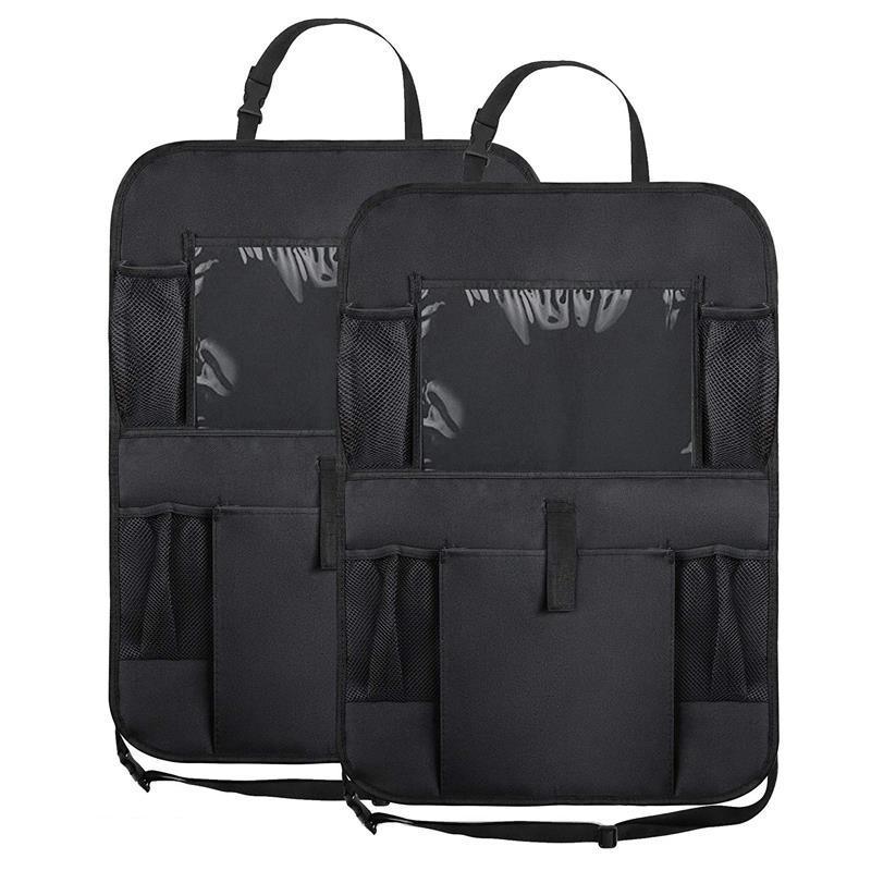 Two Backseat Car Organizers - 2PK, equipped with tablet holders and filled with items like bottles, snacks, and electronics, installed in a vehicle.