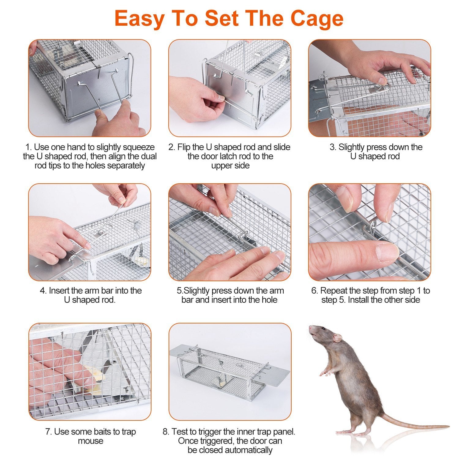 A rat approaching a Dual Door Rat Trap Cage Humane Live Rodent Dense Mesh Trap Cage Zinc Electroplating Mice Mouse Control Bait Catch with 2 Detachable U Shaped Rod, on a plain white background.